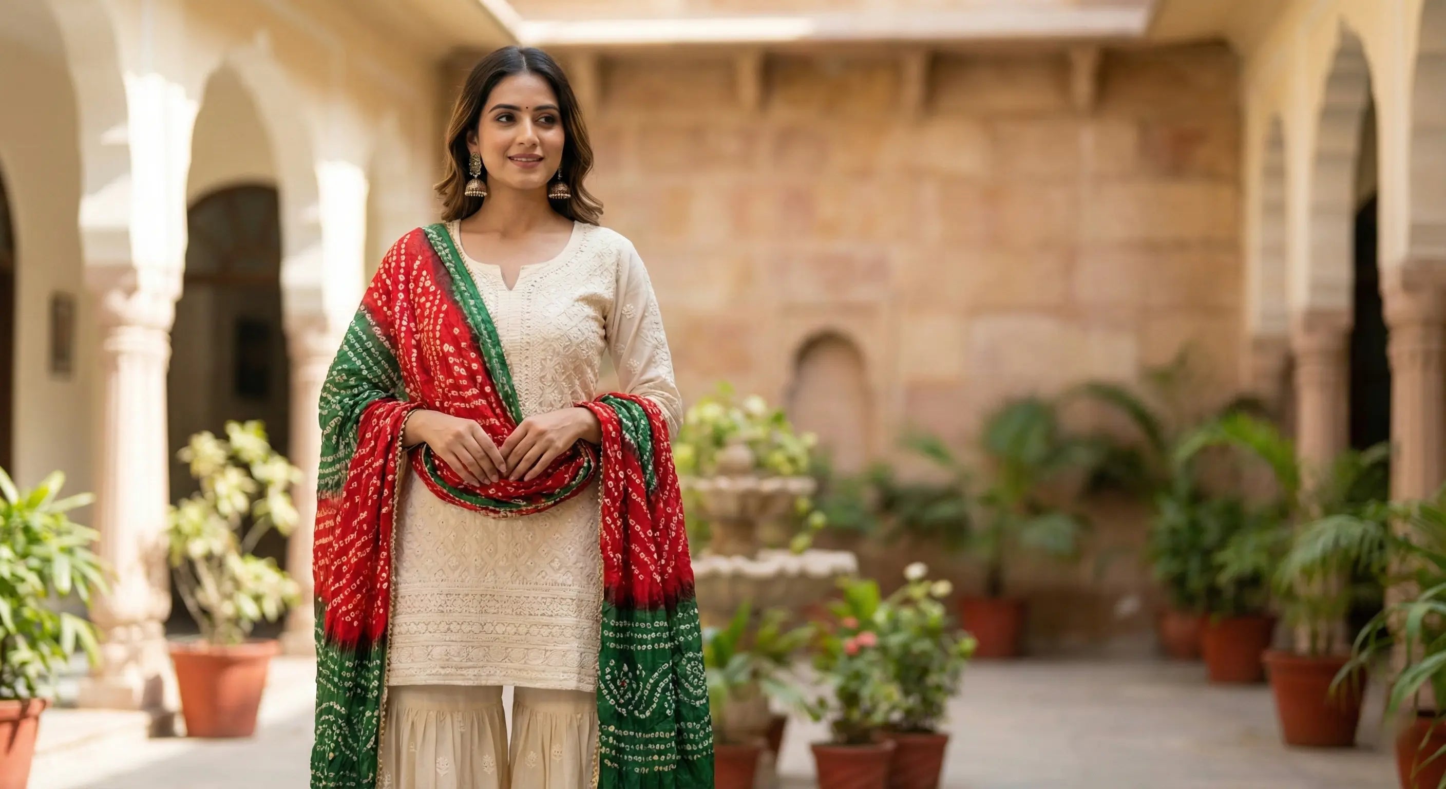 A photorealistic medium shot of an elegant woman modeling a modern Indian sharara ensemble. She wears an ivory Lucknowi Chikankari kurti and pants, contrasted by a vibrant crimson and emerald green Gujarati Bandhani dupatta.