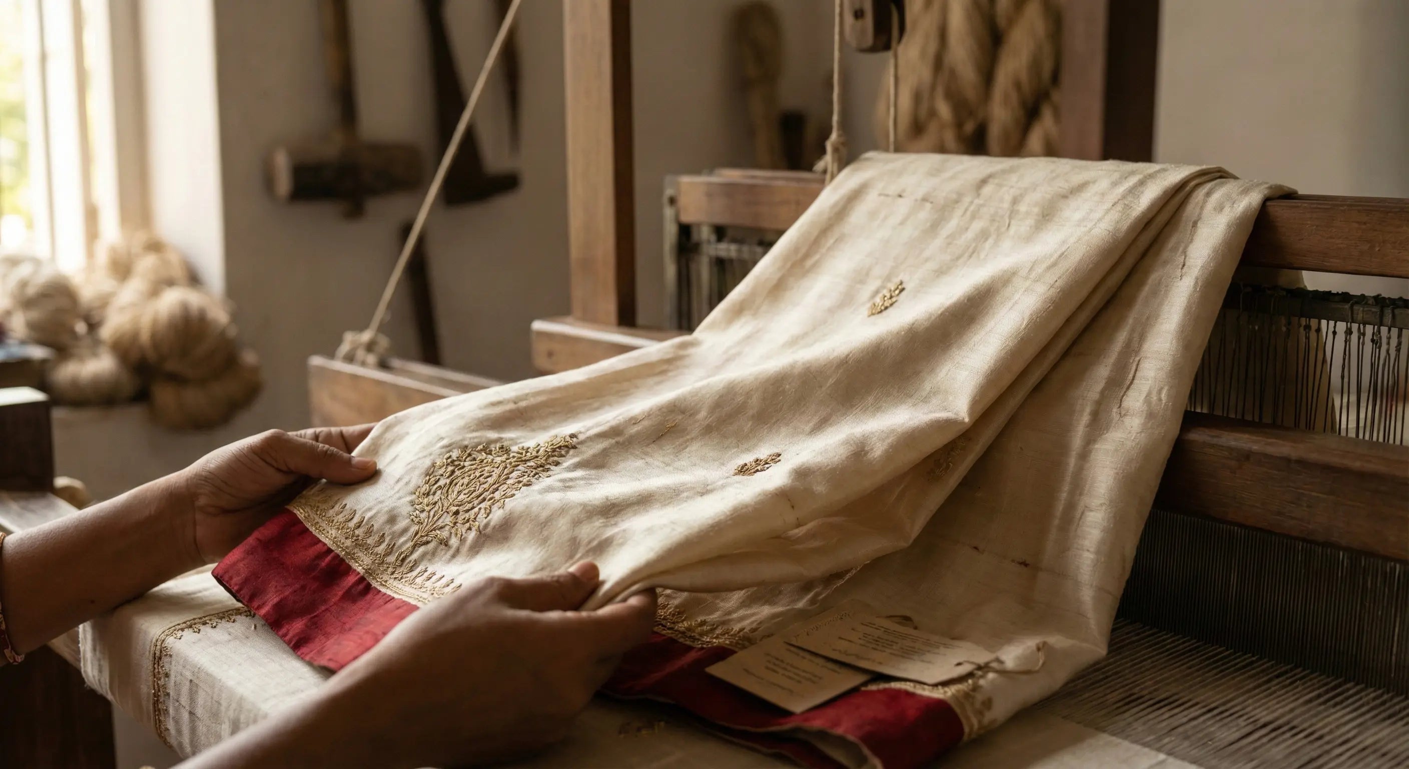Close-up of an authentic deep red and ivory handloom sharara in an Indian artisan workshop, highlighting hand-stitched embroidery knots, natural weave irregularities, and certification tags to help buyers spot genuine craftsmanship.