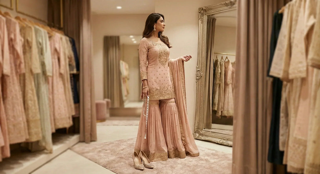 Full-length photo of an elegant woman standing in a soft-lit boutique fitting room, wearing a fitted blush pink and gold embroidered sharara suit.