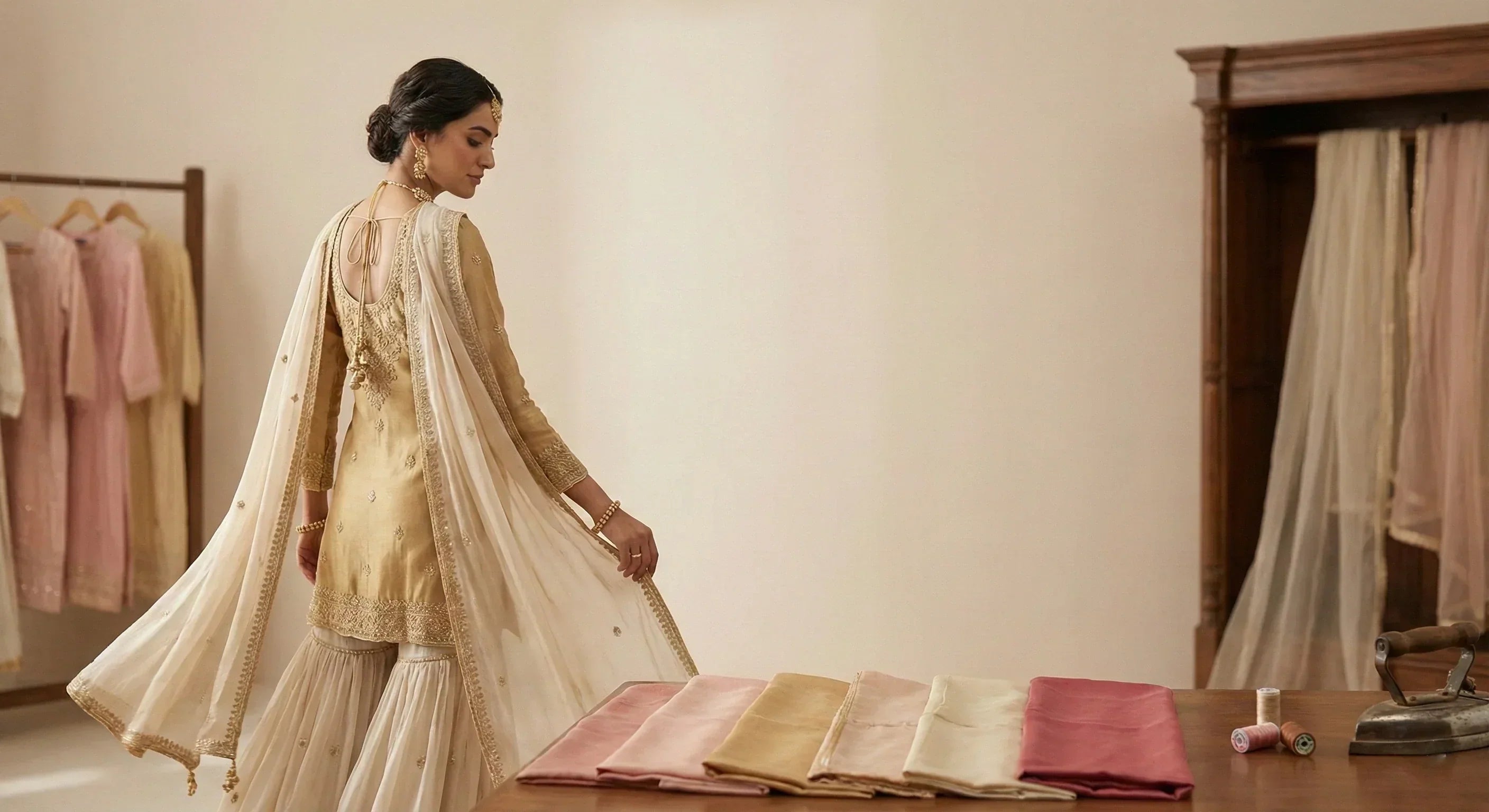 An elegant woman wearing a flowing gold and beige sharara suit standing in a softly lit boutique.