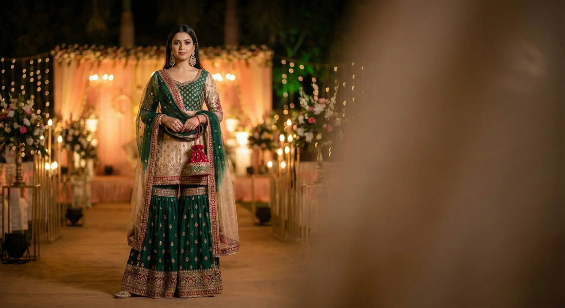A photorealistic portrait of a woman wearing a glamorous green and gold sharara outfit with statement jewelry and a potli bag, standing in a warmly lit Indian wedding venue.