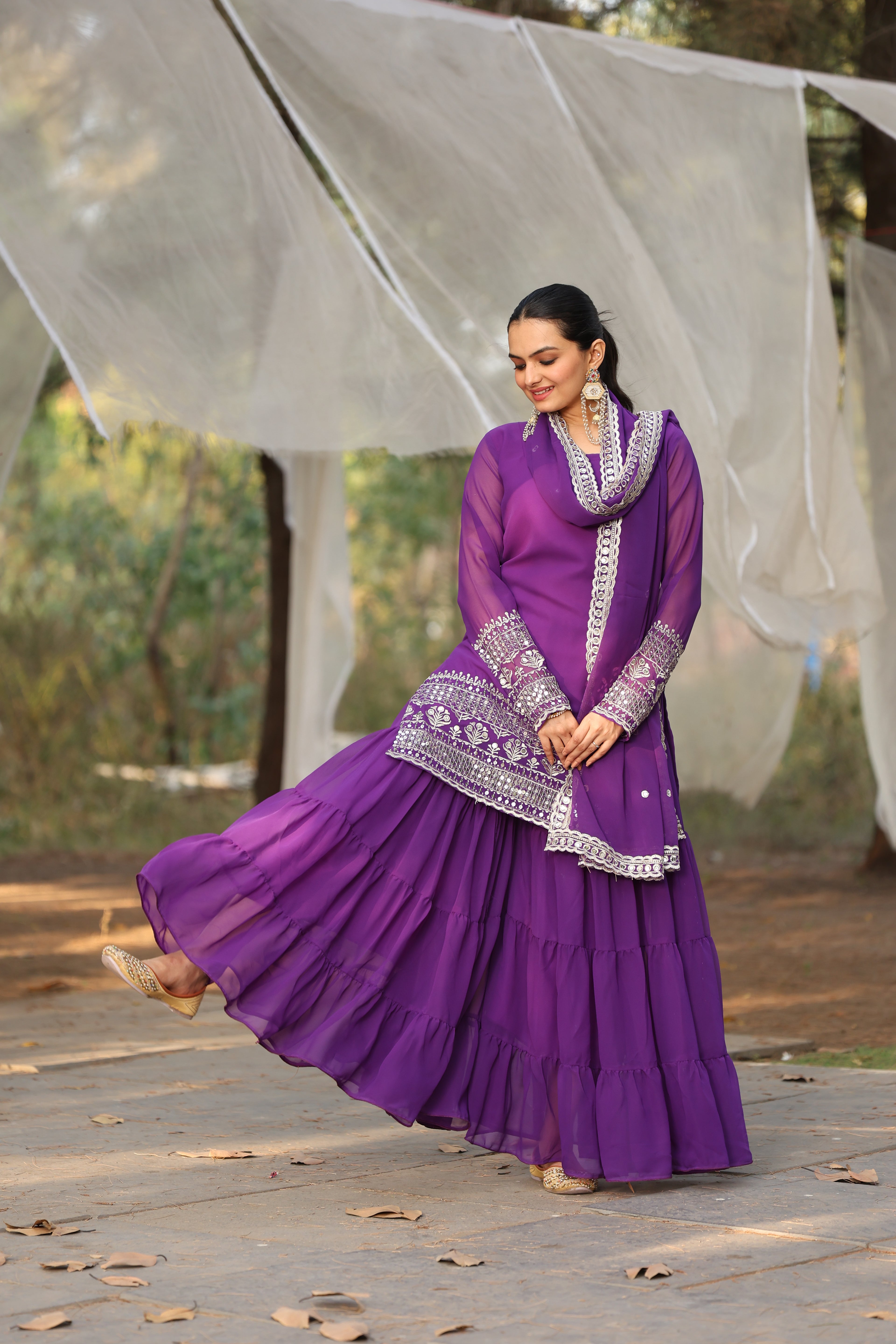 Purple Mirror Work Sharara Suit For Women | Designer Georgette Party Wear Sharara Set | Wedding & Festive Ethnic Wear