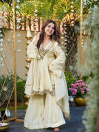 Ivory Organza Silk Sharara Set with Mirror Work (Wedding & Festive Wear)