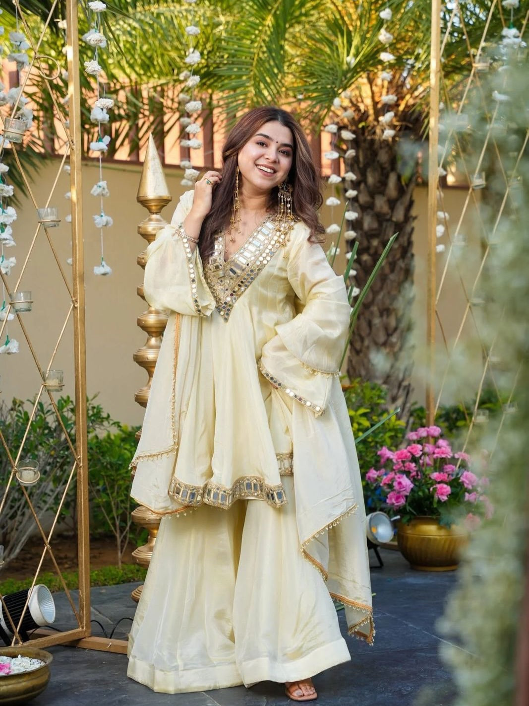 Ivory Organza Silk Sharara Set with Mirror Work (Wedding & Festive Wear)