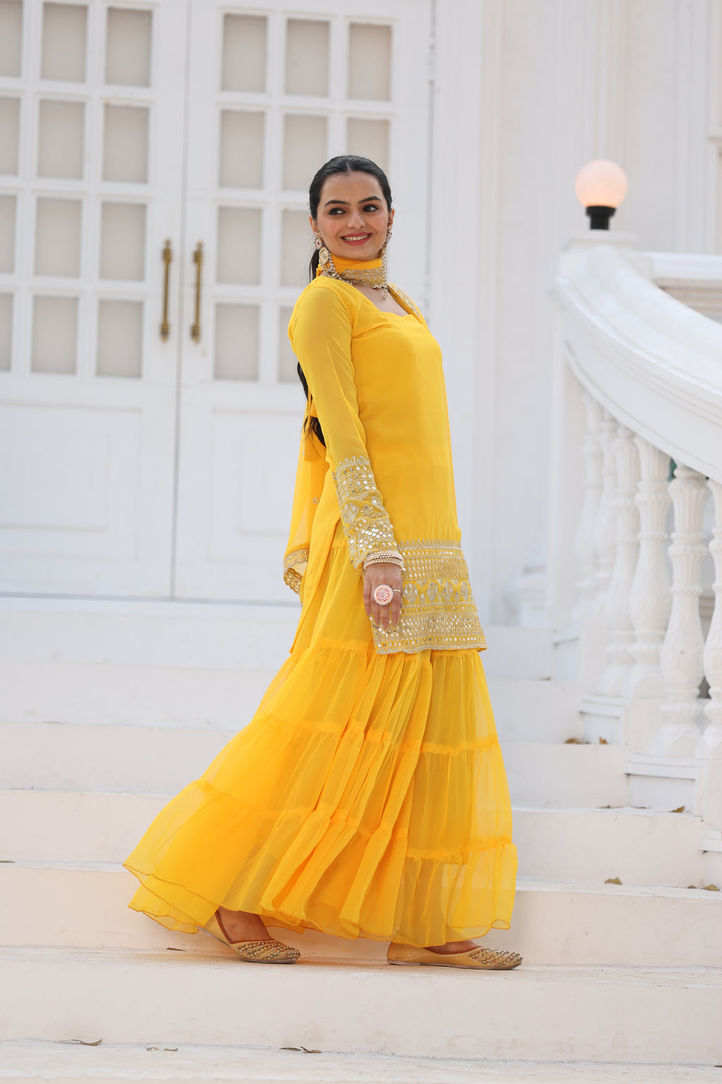 Yellow Mirrorwork Sharara Set For Women | Designer Festive Wear Suit With Heavy Embroidery & Dupatta