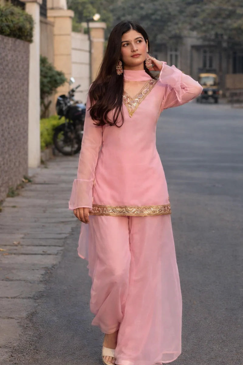 Baby Pink Georgette Kurta Set with Palazzo Dupatta