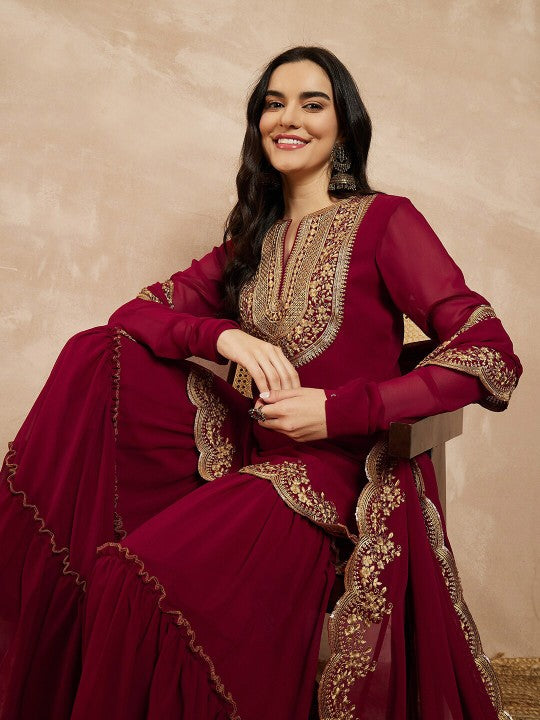 Maroon Embroidered Sharara Suit Set For Women | Premium Festive & Wedding Ethnic Wear With Dupatta