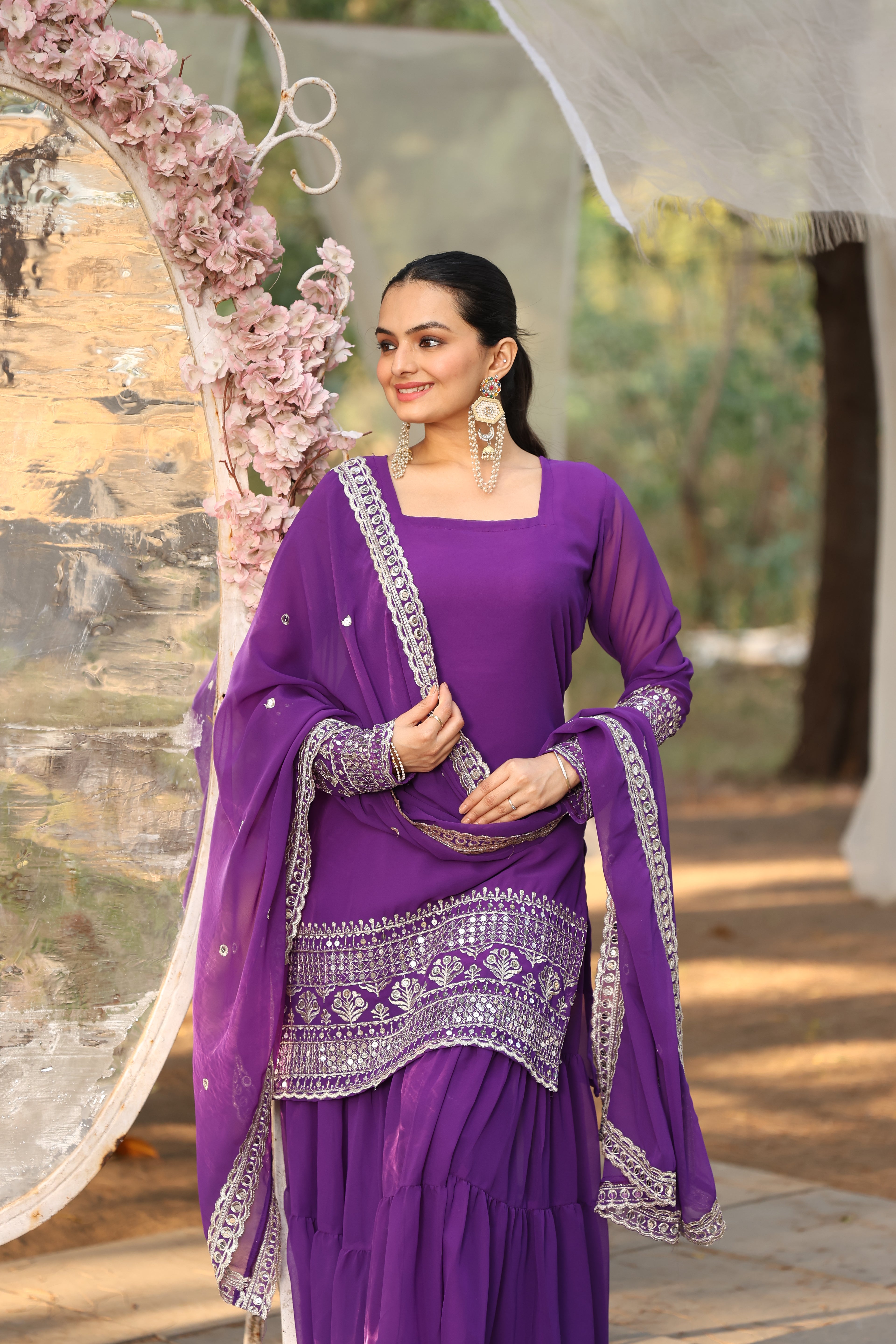 Purple Mirror Work Sharara Suit For Women | Designer Georgette Party Wear Sharara Set | Wedding & Festive Ethnic Wear