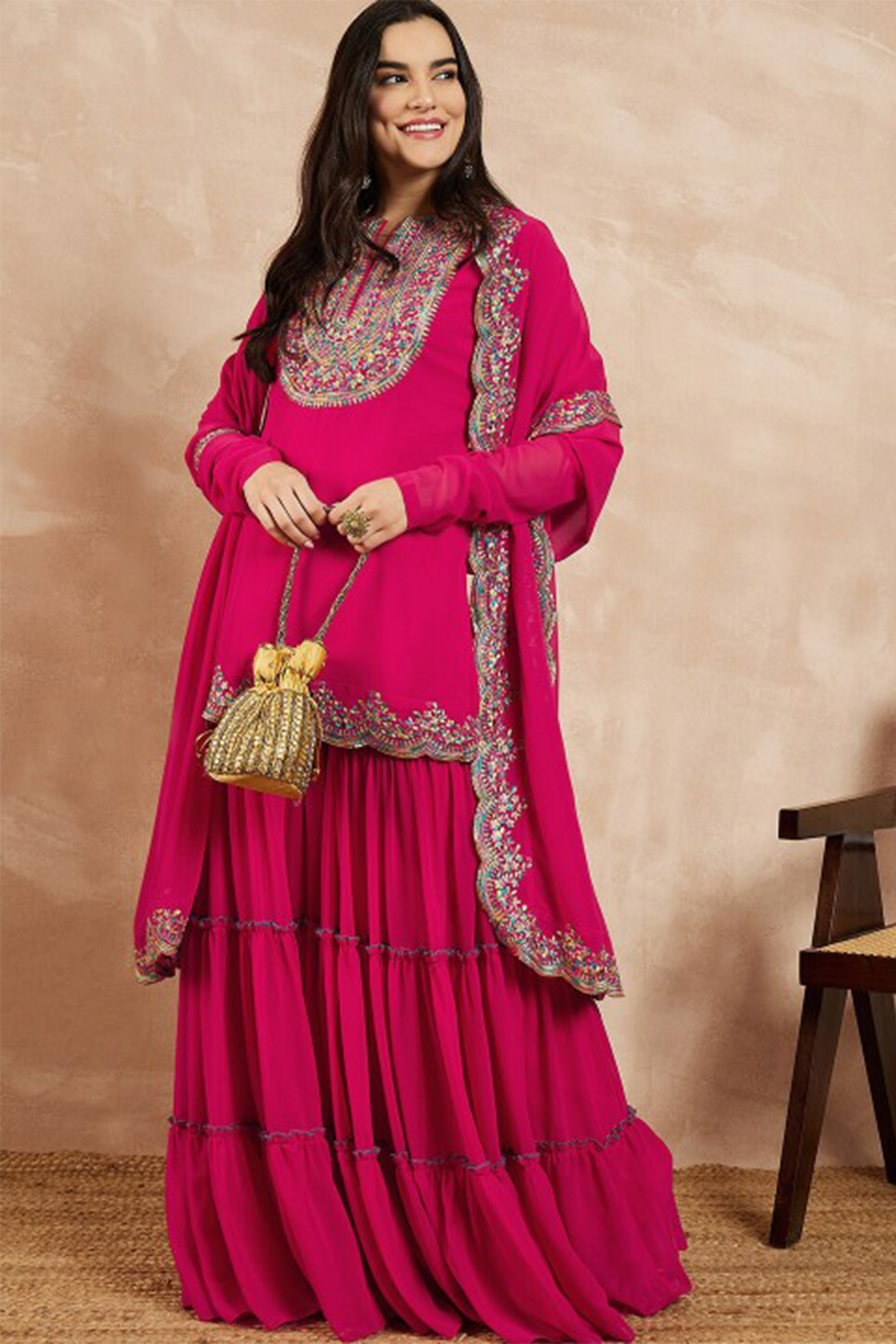 Pink Embroidered Sharara Suit Set For Women | Premium Festive & Wedding Partywear Ethnic Dress With Dupatta