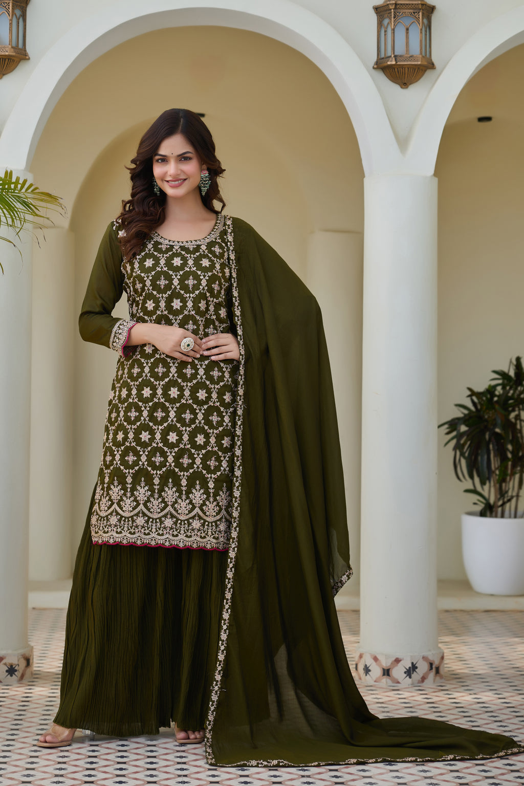 Designer Olive Green Embroidered Palazzo Suit for Women | Premium Wedding & Festive Ethnic Wear | Heavy Thread Work Salwar Suit with Dupatta