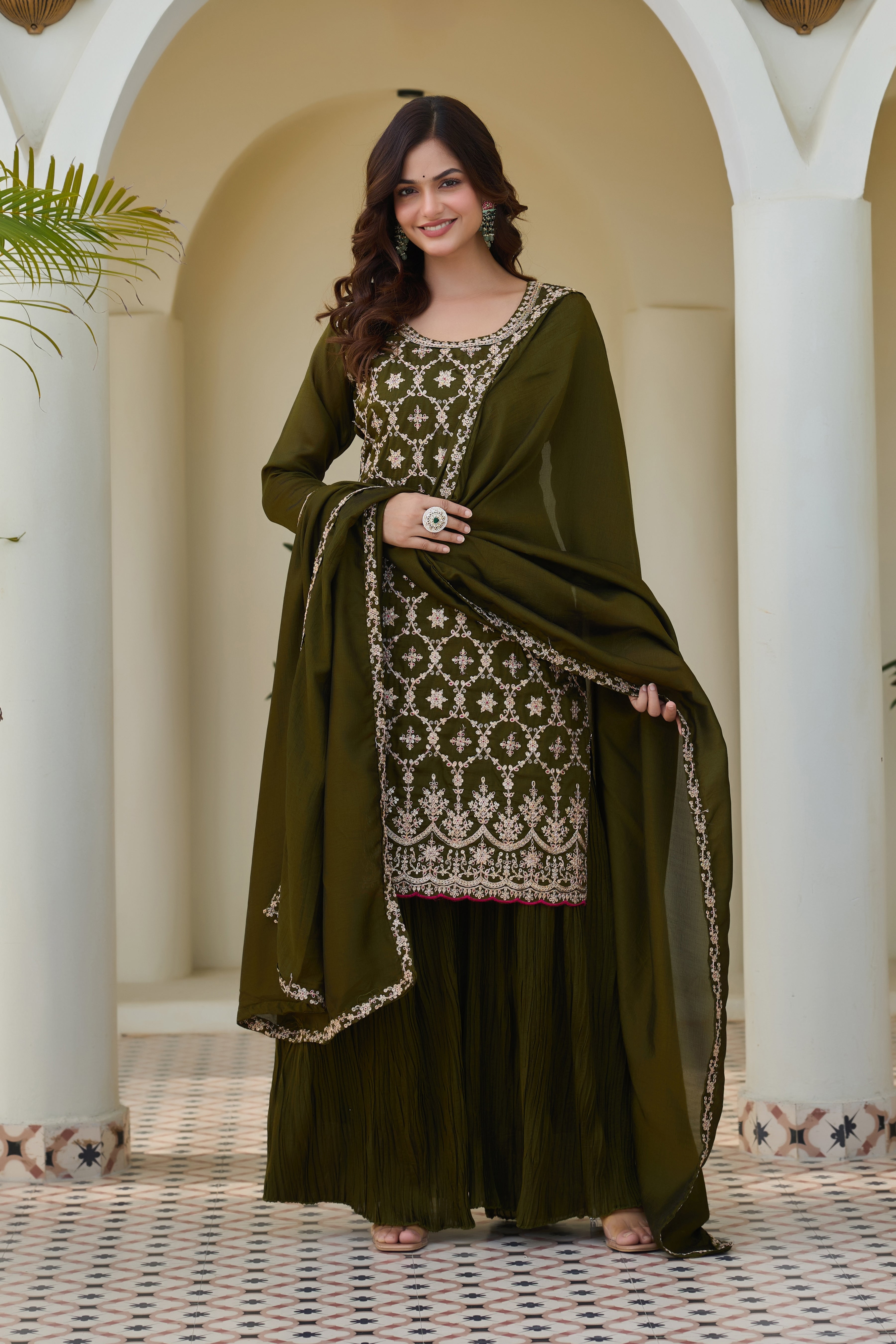 Designer Olive Green Embroidered Palazzo Suit for Women | Premium Wedding & Festive Ethnic Wear | Heavy Thread Work Salwar Suit with Dupatta