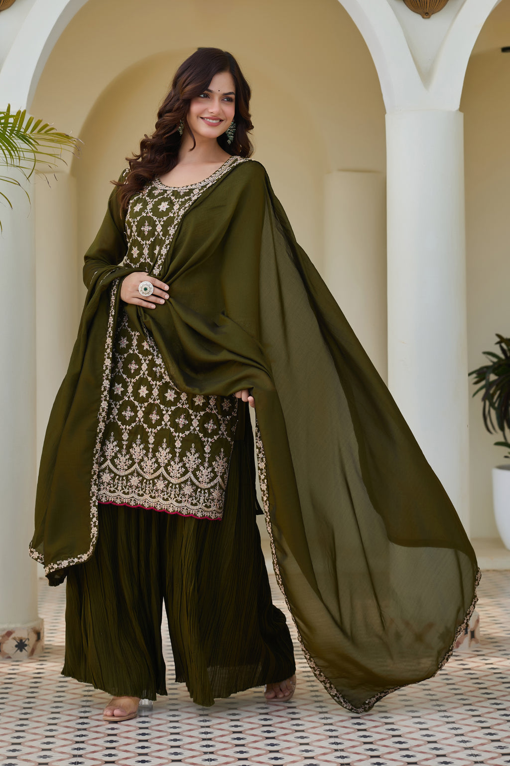 Designer Olive Green Embroidered Palazzo Suit for Women | Premium Wedding & Festive Ethnic Wear | Heavy Thread Work Salwar Suit with Dupatta