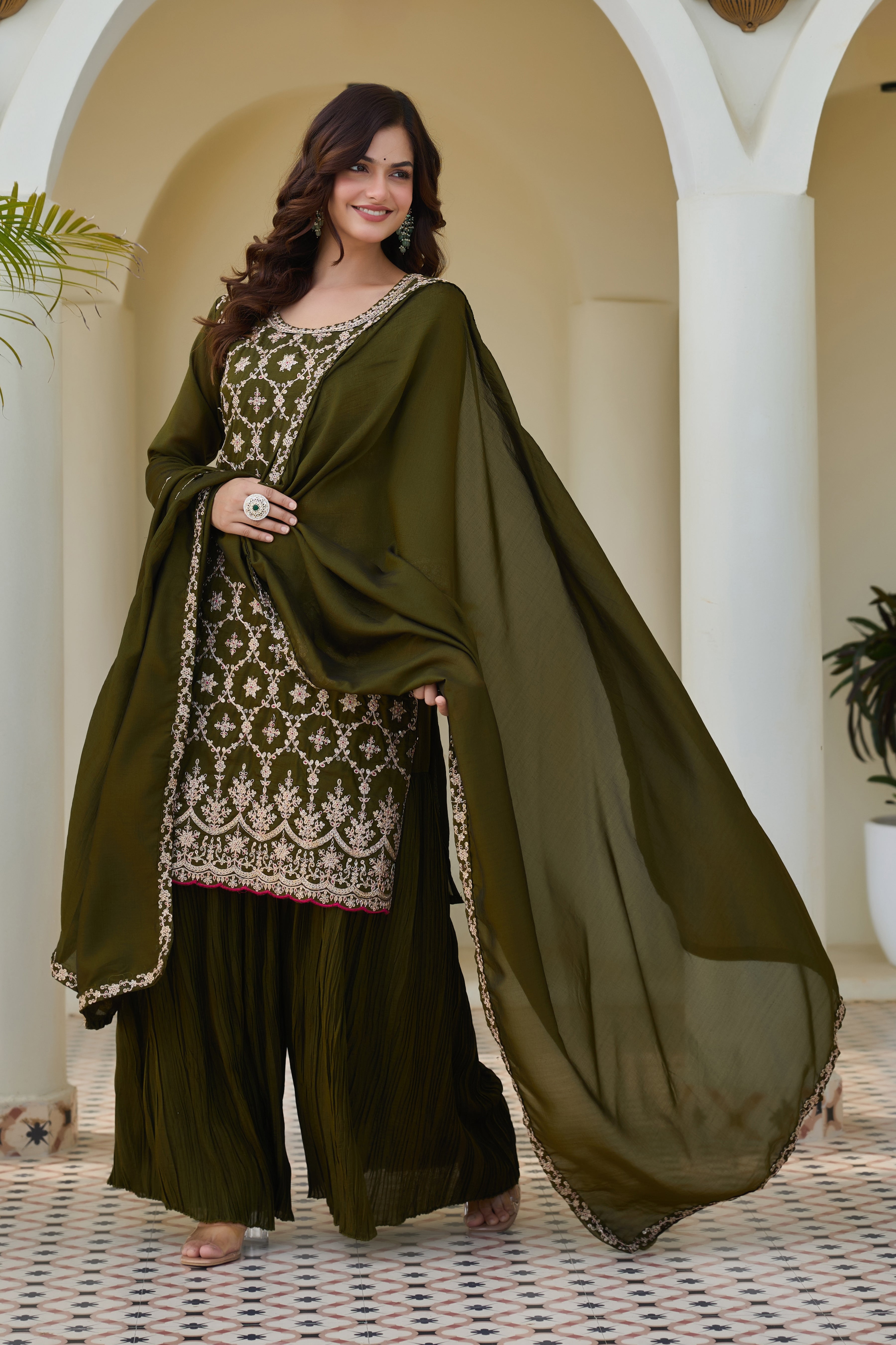 Designer Olive Green Embroidered Palazzo Suit for Women | Premium Wedding & Festive Ethnic Wear | Heavy Thread Work Salwar Suit with Dupatta