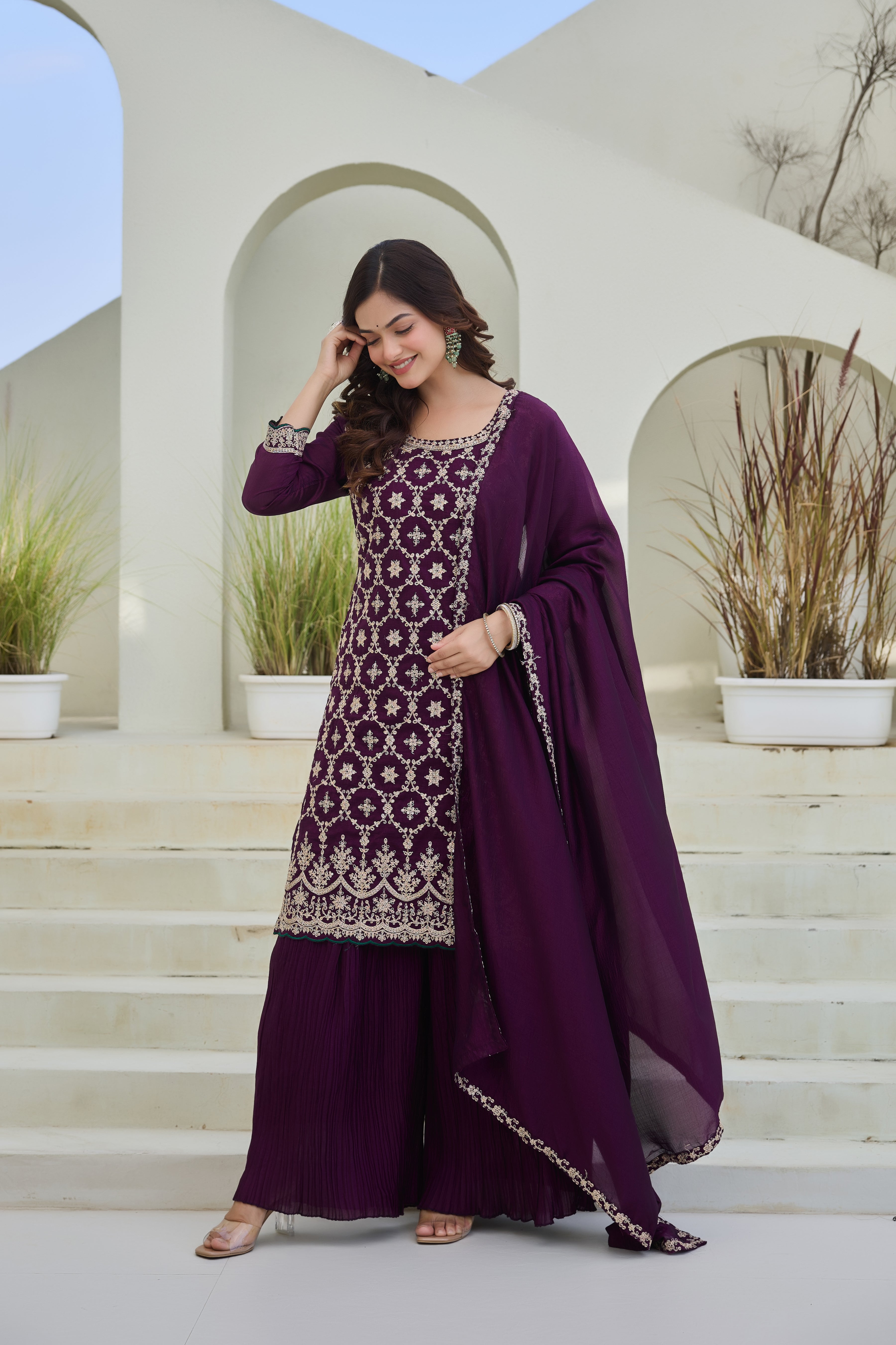 Designer Purple Embroidered Palazzo Suit for Women | Premium Wedding & Festive Ethnic Wear | Heavy Thread Work Salwar Suit with Dupatta