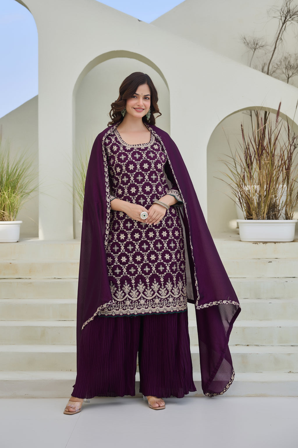 Designer Purple Embroidered Palazzo Suit for Women | Premium Wedding & Festive Ethnic Wear | Heavy Thread Work Salwar Suit with Dupatta
