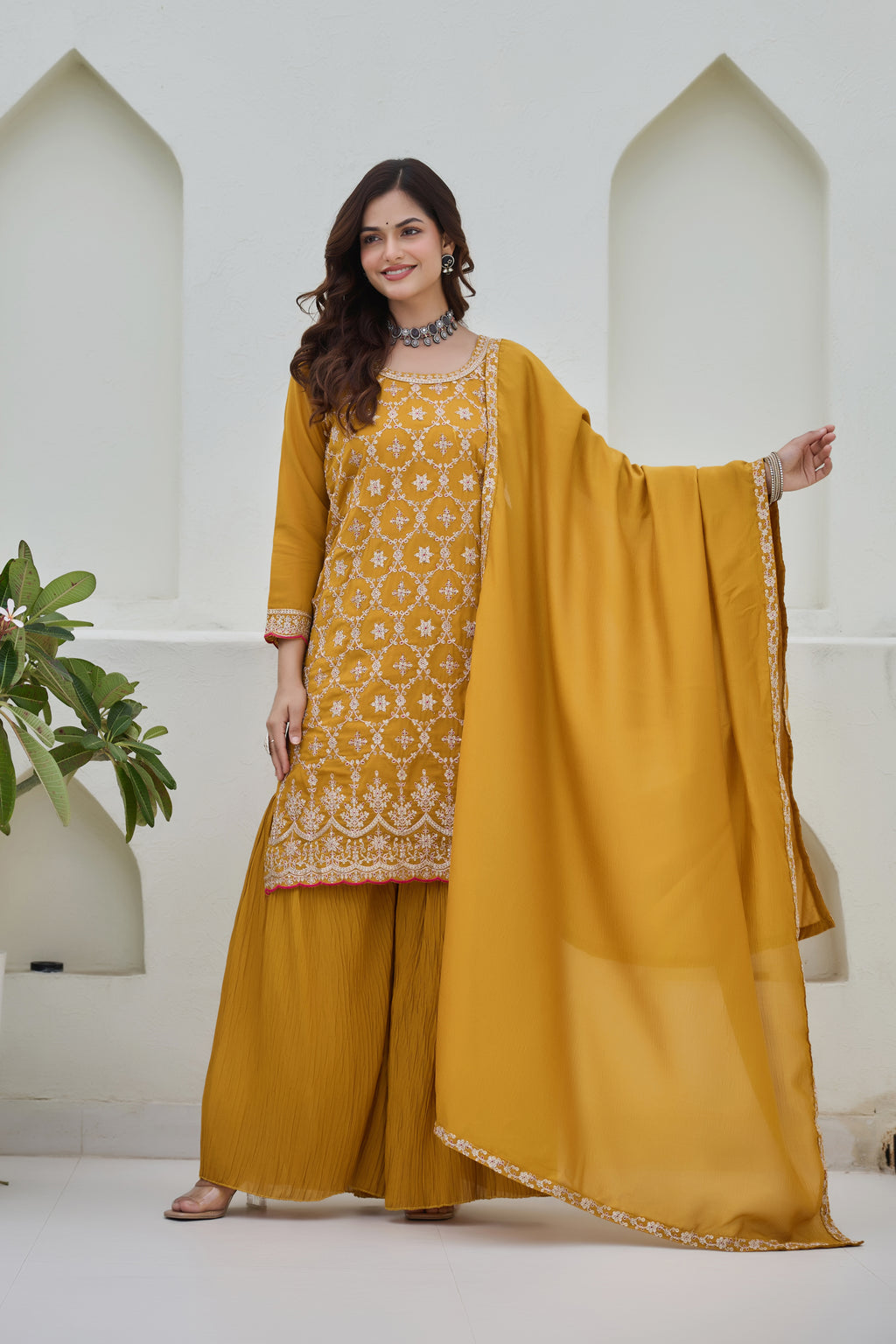 Designer Yellow Embroidered Palazzo Suit for Women | Premium Wedding & Festive Ethnic Wear | Heavy Thread Work Salwar Suit with Dupatta