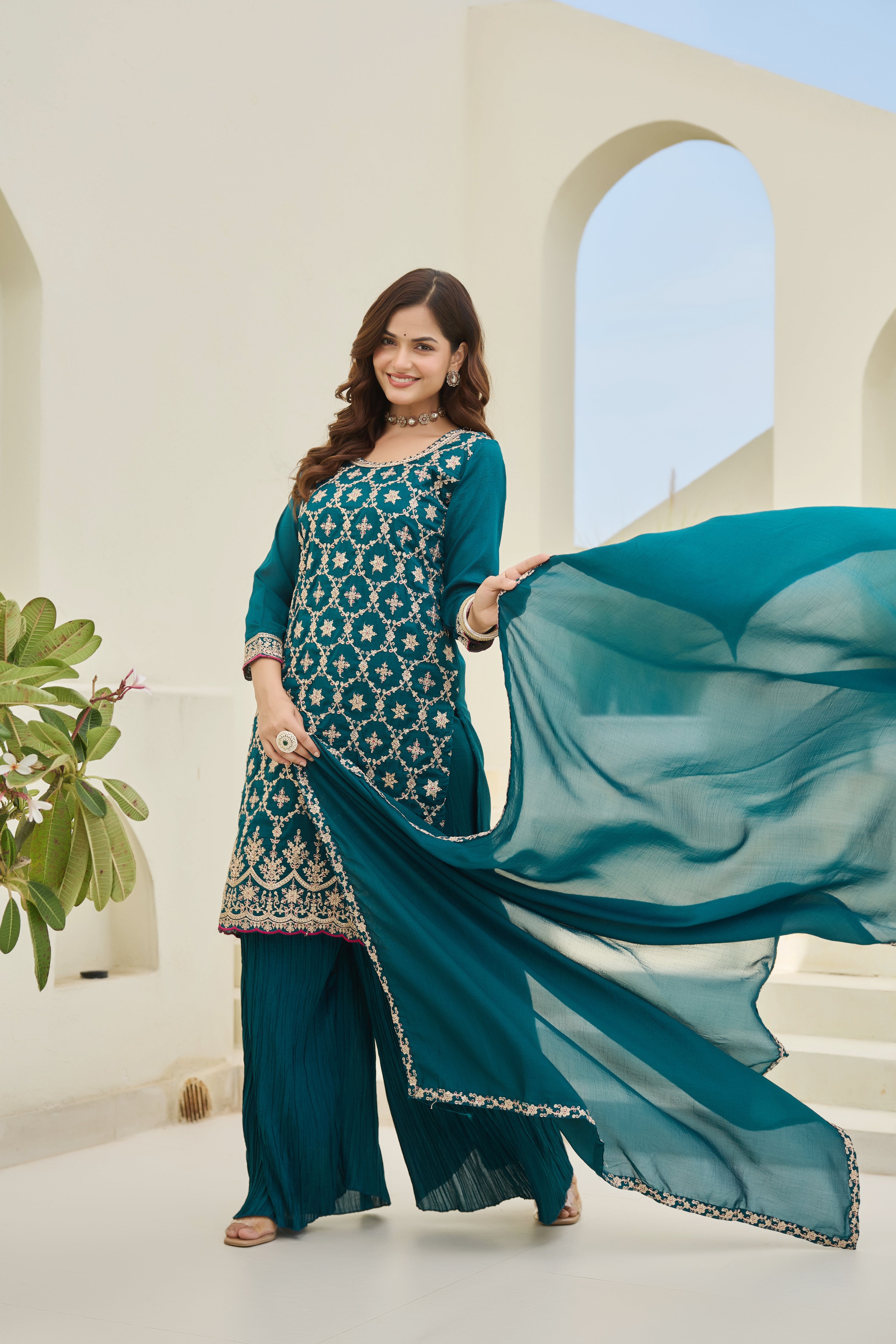Designer Teal Embroidered Palazzo Suit for Women | Premium Wedding & Festive Ethnic Wear | Heavy Thread Work Salwar Suit with Dupatta