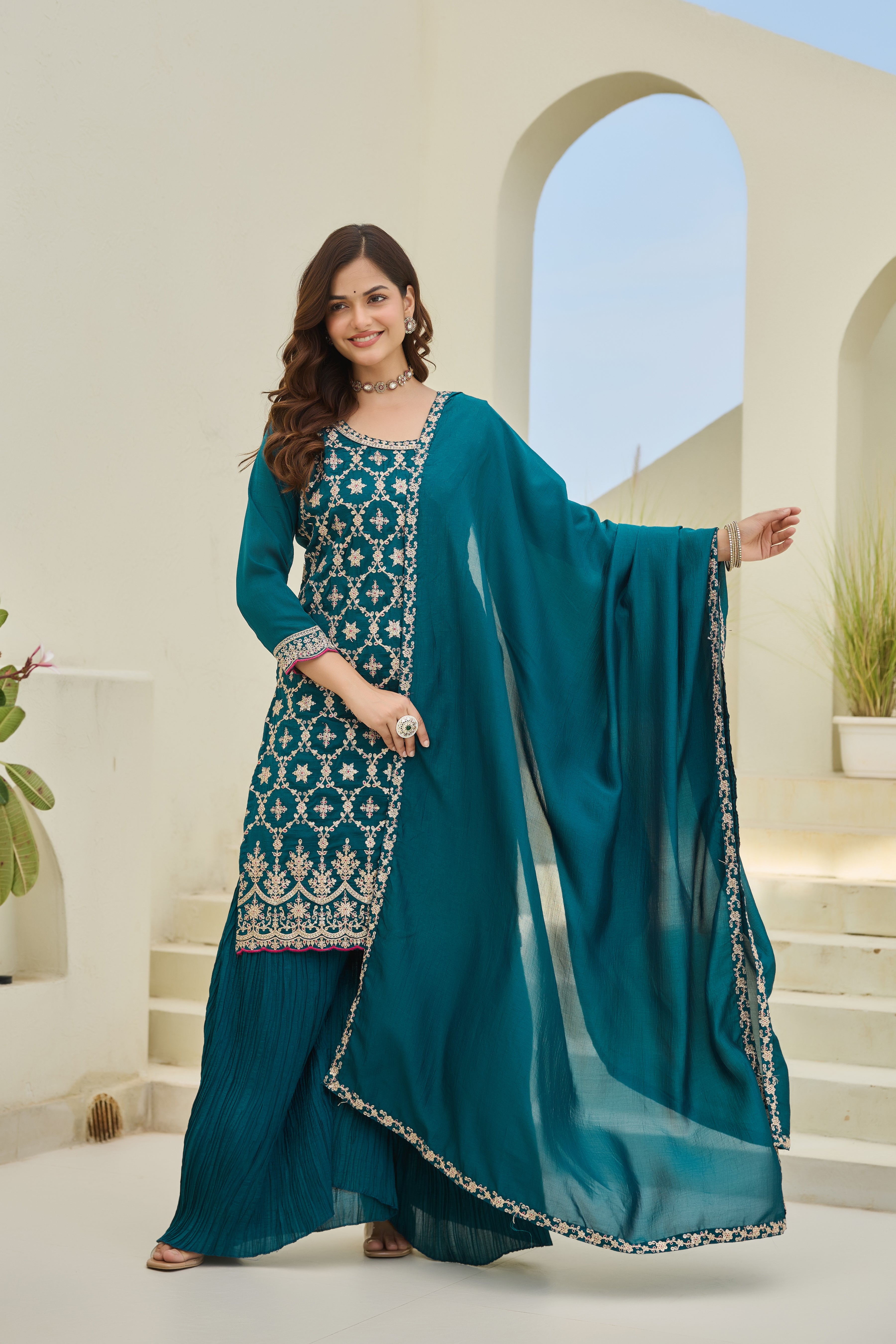 Designer Teal Embroidered Palazzo Suit for Women | Premium Wedding & Festive Ethnic Wear | Heavy Thread Work Salwar Suit with Dupatta