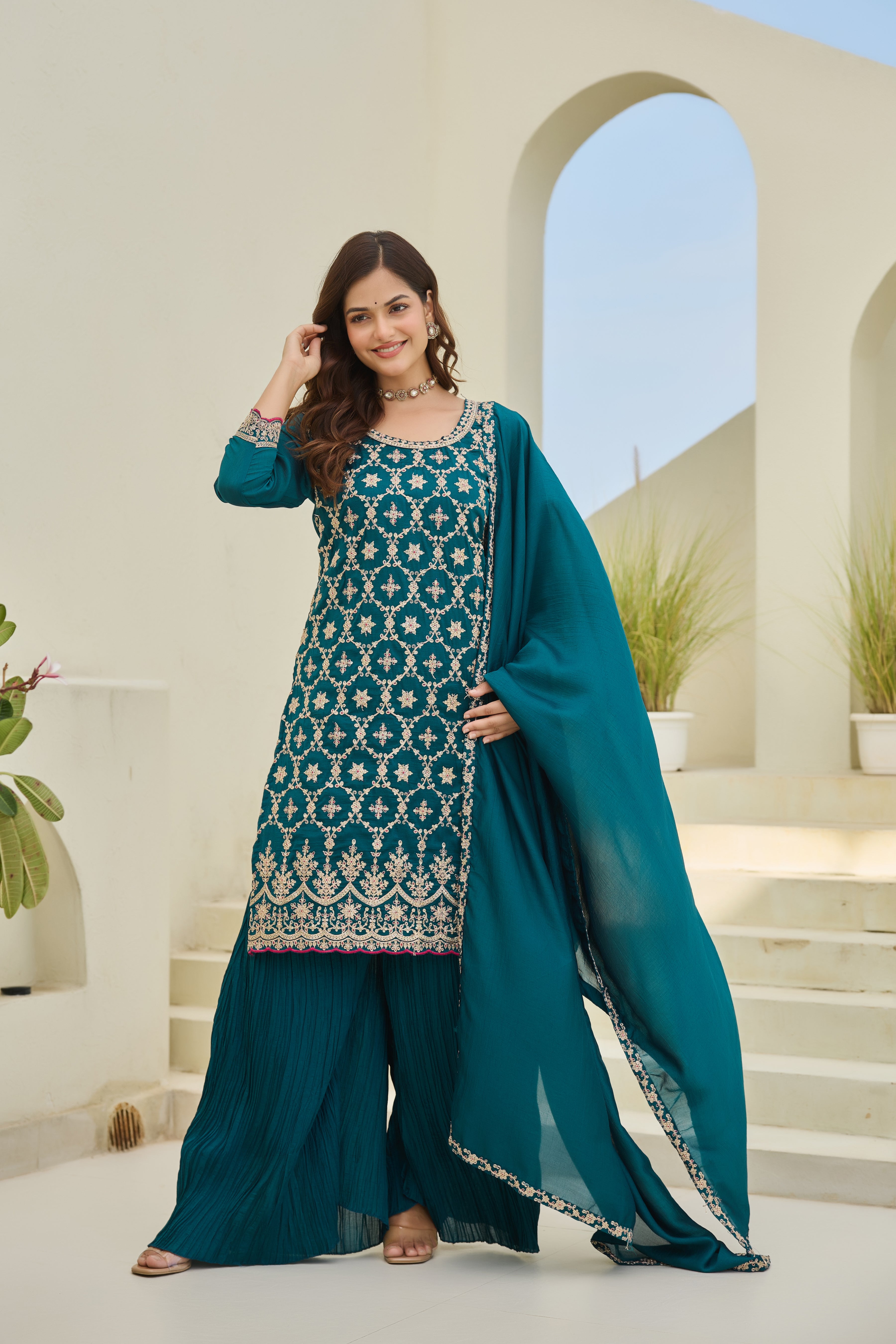 Designer Teal Embroidered Palazzo Suit for Women | Premium Wedding & Festive Ethnic Wear | Heavy Thread Work Salwar Suit with Dupatta