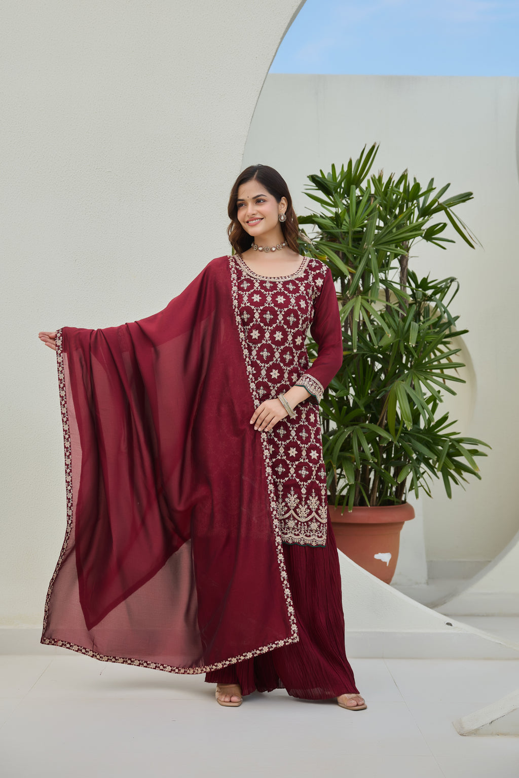Designer Maroon Embroidered Palazzo Suit for Women | Premium Wedding & Festive Ethnic Wear | Heavy Thread Work Salwar Suit with Dupatta