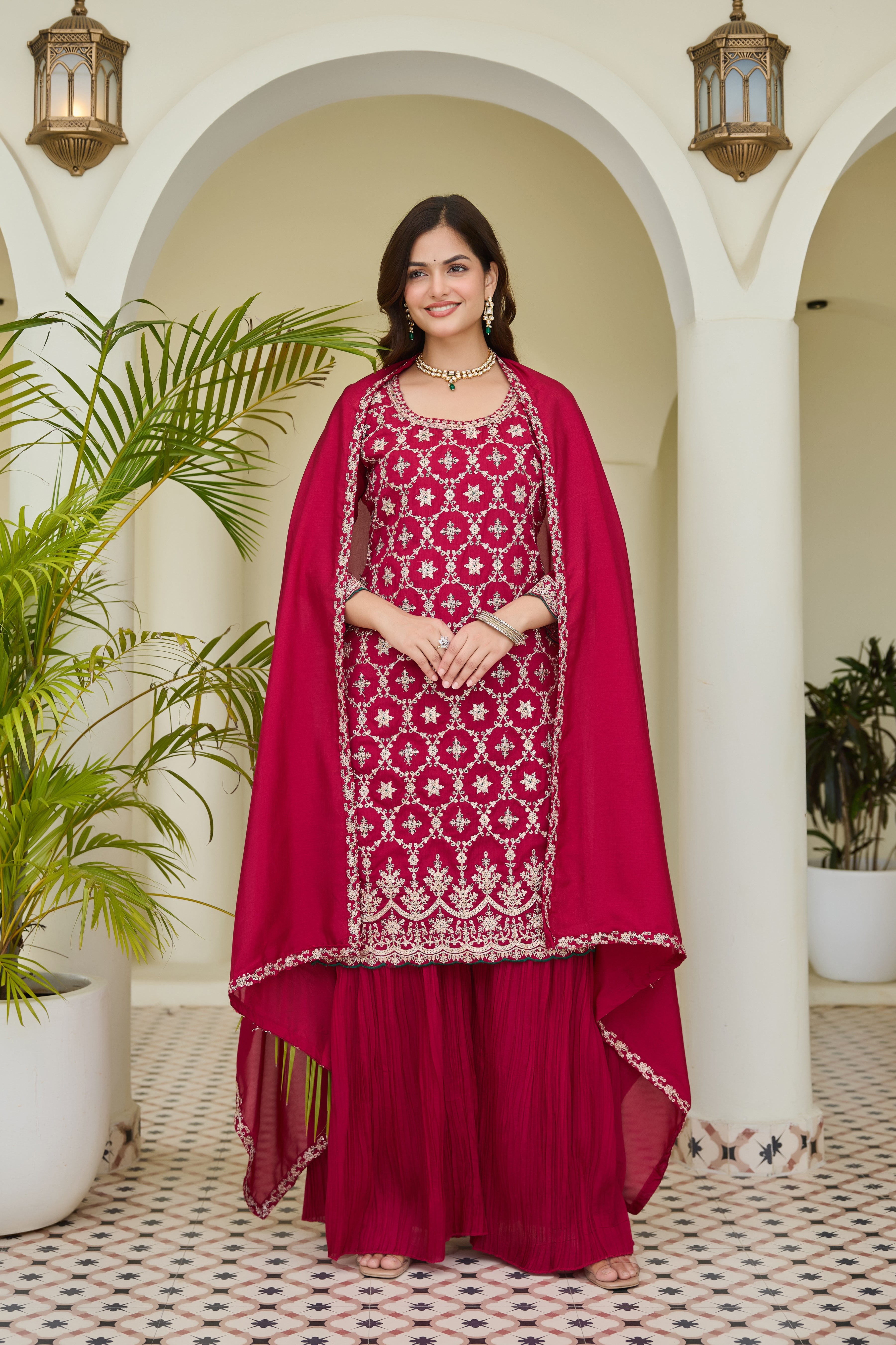 Designer Pink Embroidered Palazzo Suit for Women | Premium Wedding & Festive Ethnic Wear | Heavy Thread Work Salwar Suit with Dupatta