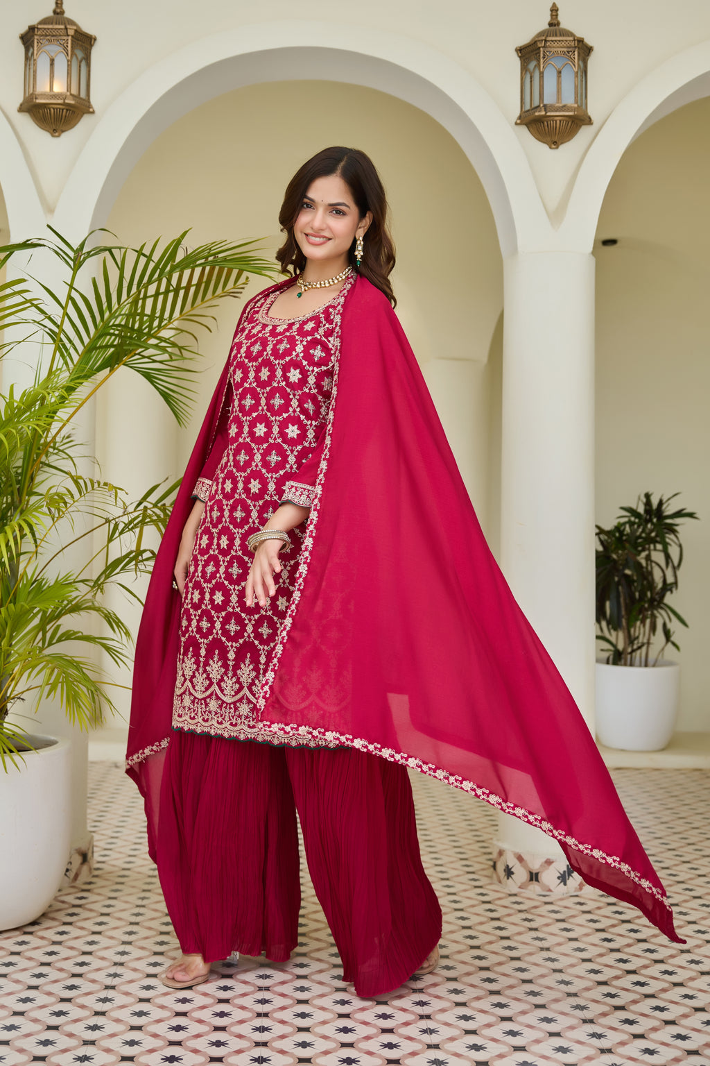 Designer Pink Embroidered Palazzo Suit for Women | Premium Wedding & Festive Ethnic Wear | Heavy Thread Work Salwar Suit with Dupatta