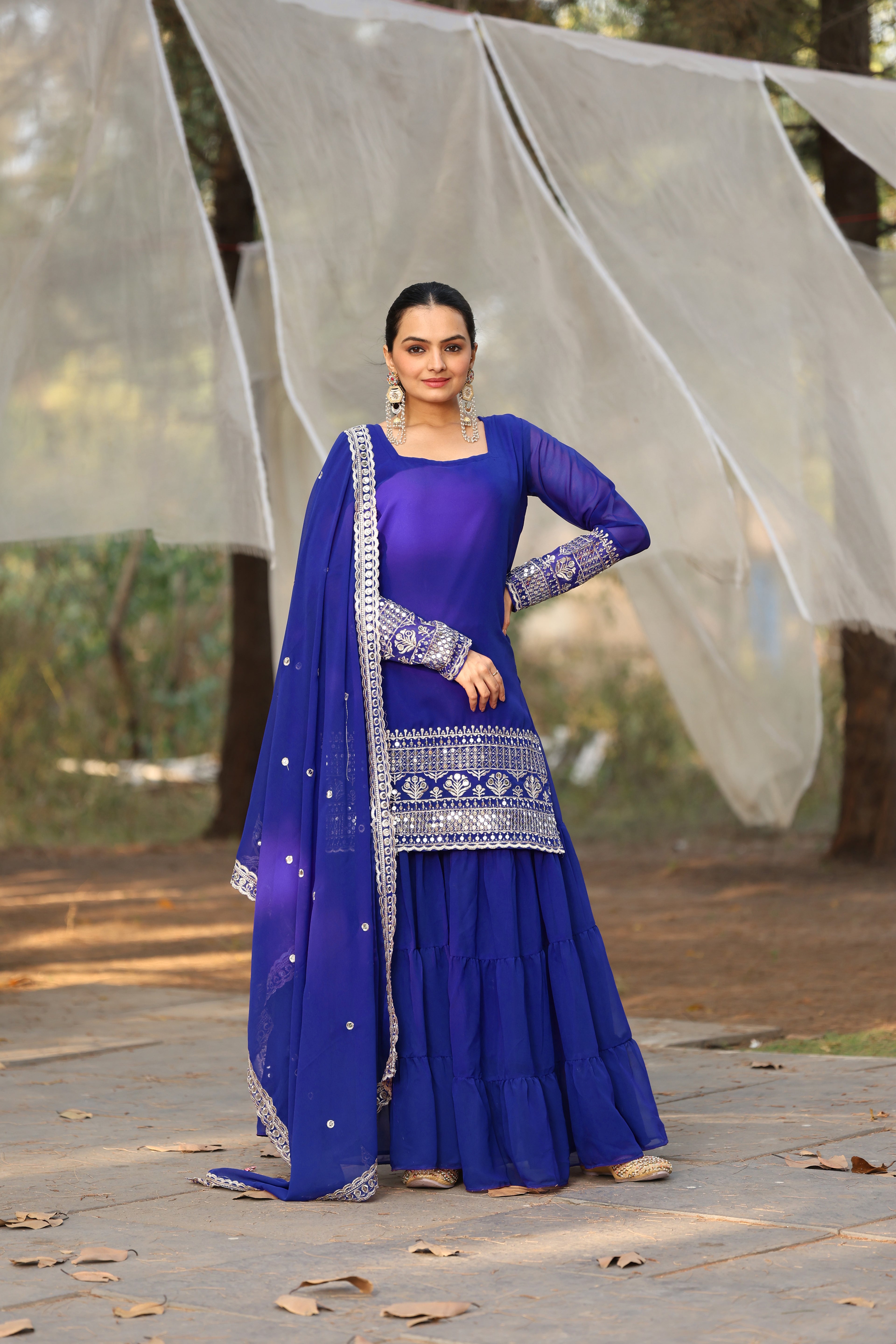Royal Blue Mirror Work Sharara Suit For Women | Festive Indian Ethnic Wear Set