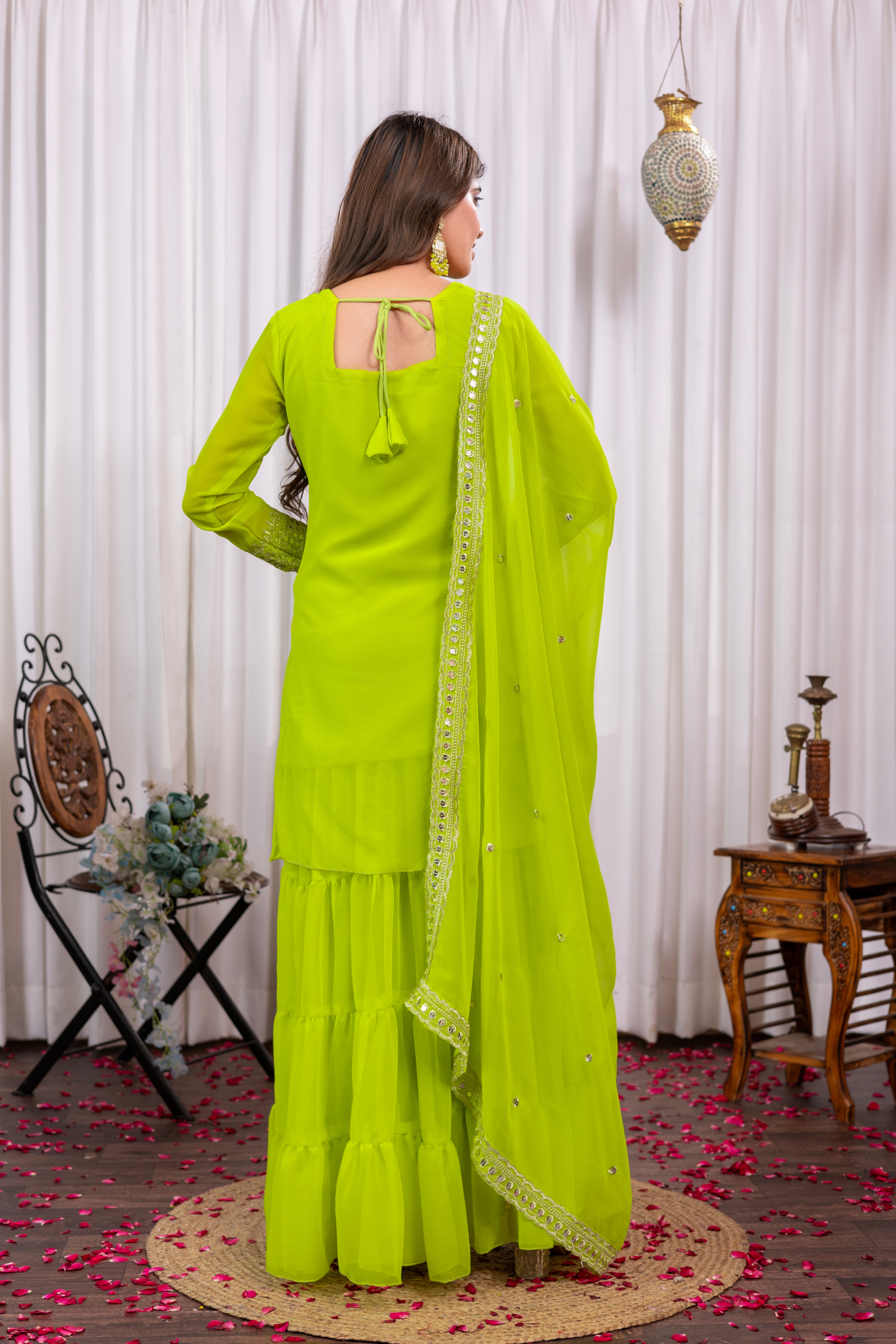Lime Green Mirror Work Sharara Suit For Women | Trending Festive Wear Georgette Sharara Set 2025 | Designer Ethnic Outfit