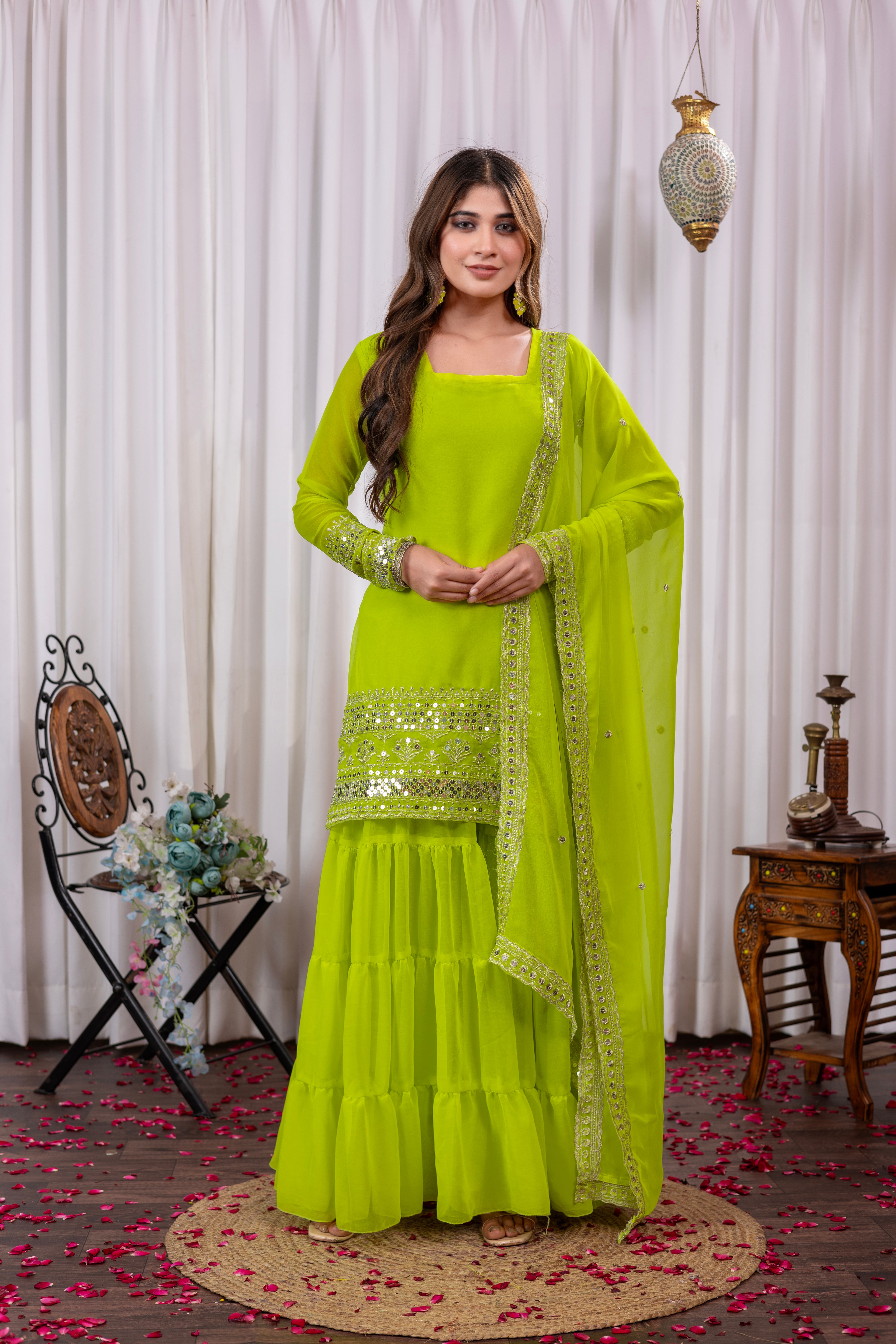 Lime Green Mirror Work Sharara Suit For Women | Trending Festive Wear Georgette Sharara Set 2025 | Designer Ethnic Outfit