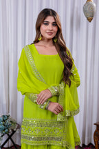 Lime Green Mirror Work Sharara Suit For Women | Trending Festive Wear Georgette Sharara Set 2025 | Designer Ethnic Outfit