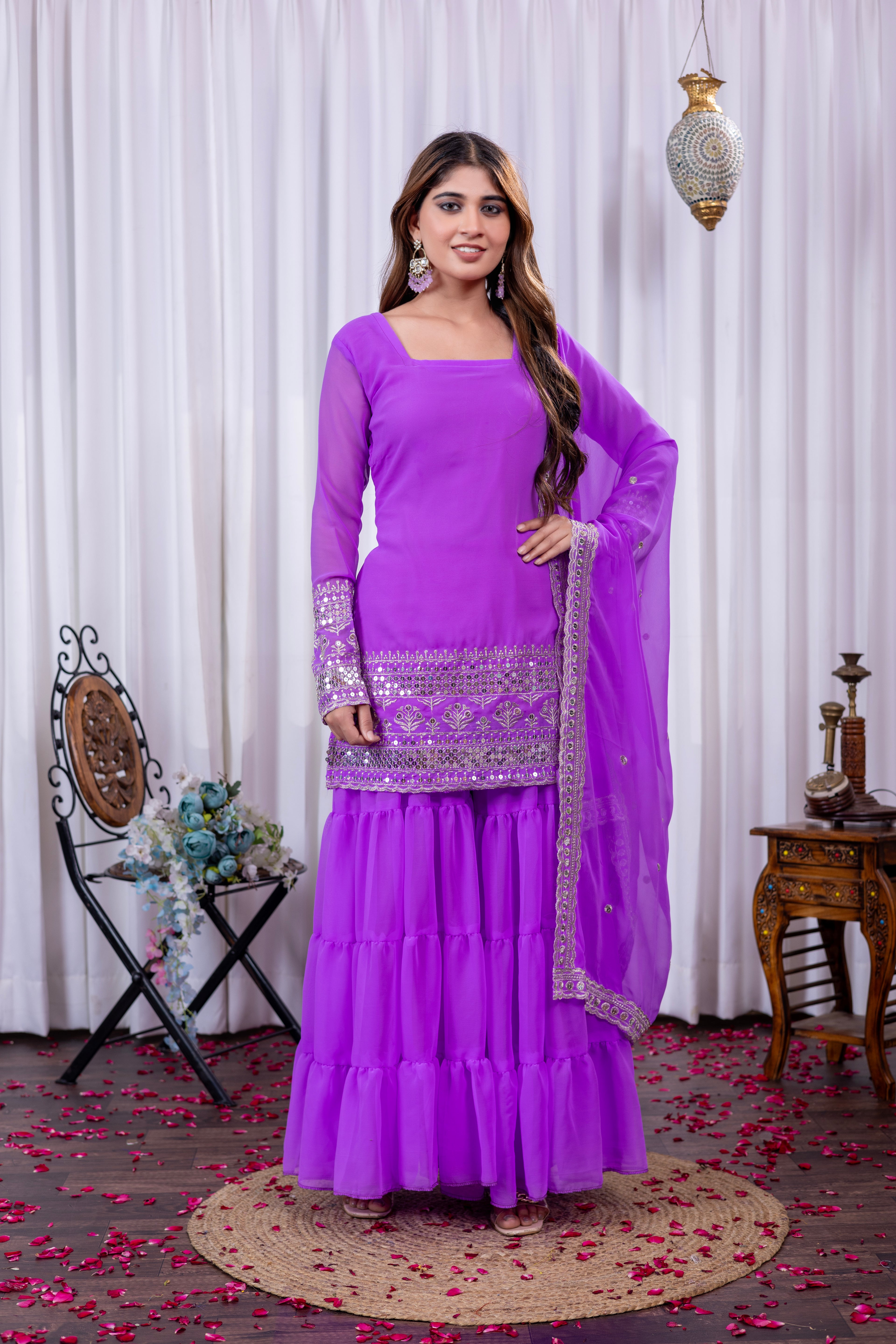 Designer Purple Sharara Set For Women | Mirror Embroidery Festive Wear Outfit | Latest Georgette Party Sharara 2025