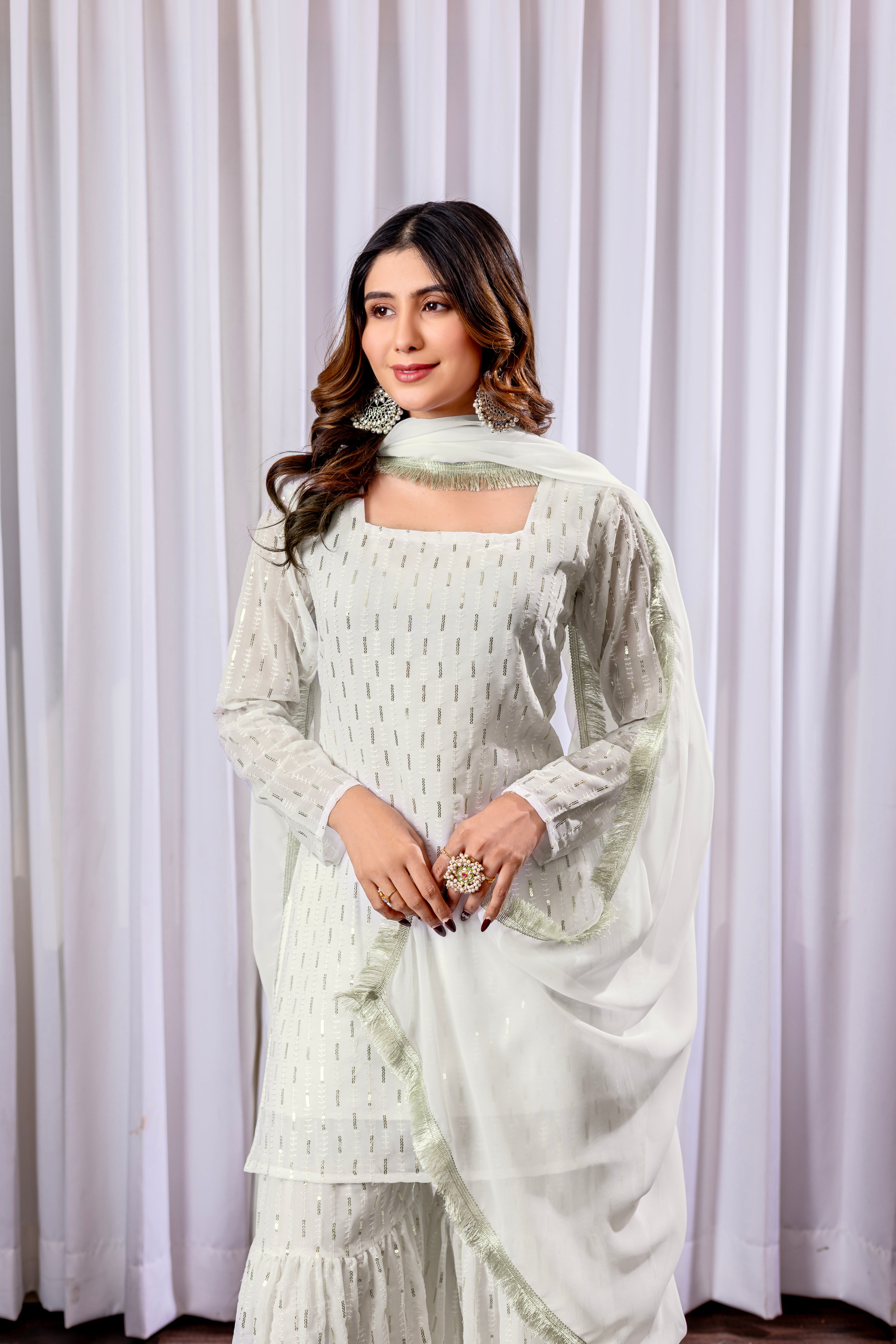 Elegant White Mirror Work Sharara Set for Women | Designer Festive Ethnic Wear 2025