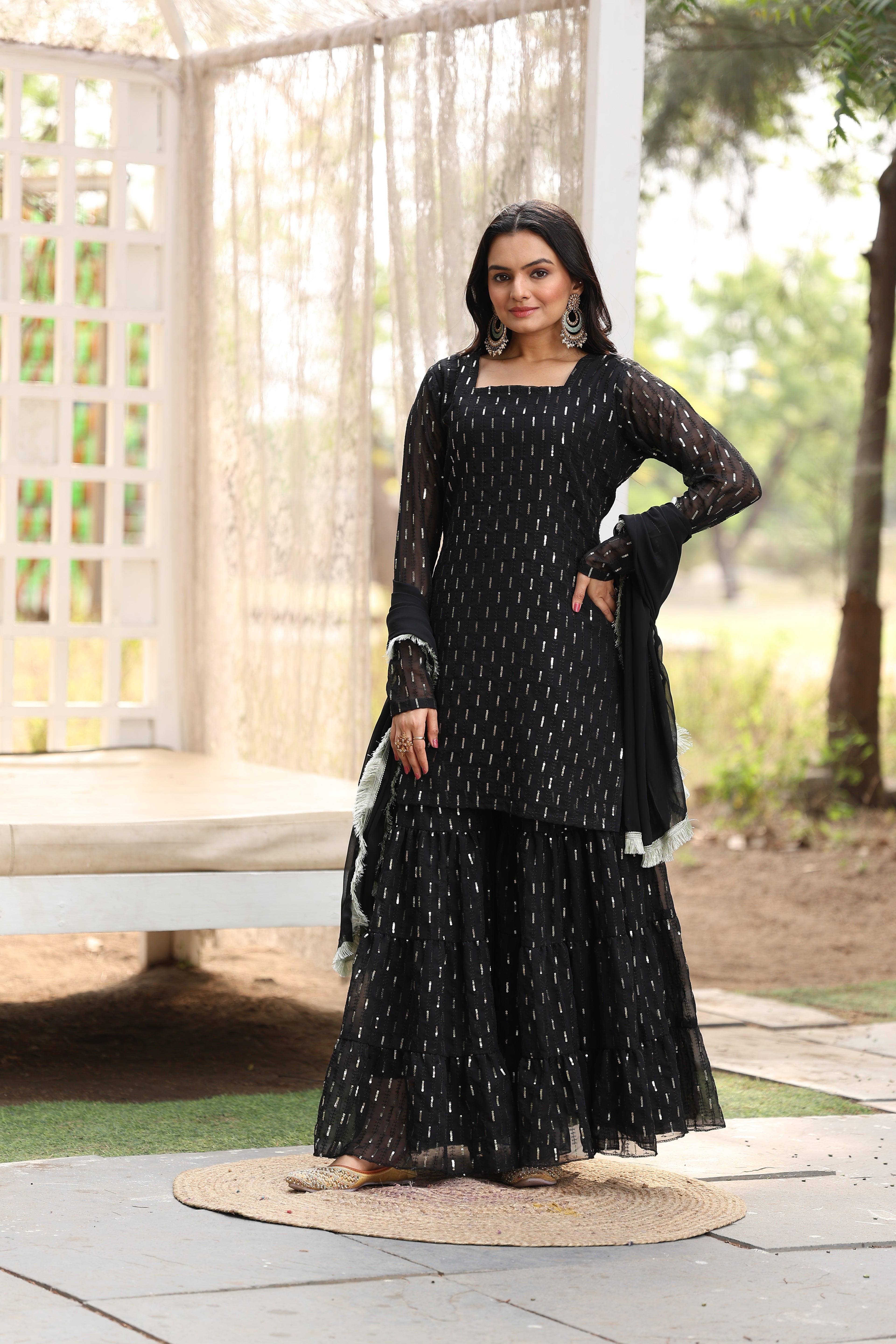 Liya Black Designer Sharara Suit For Women | Premium Black Festive Wear Set | Partywear Georgette Embroidered Suit