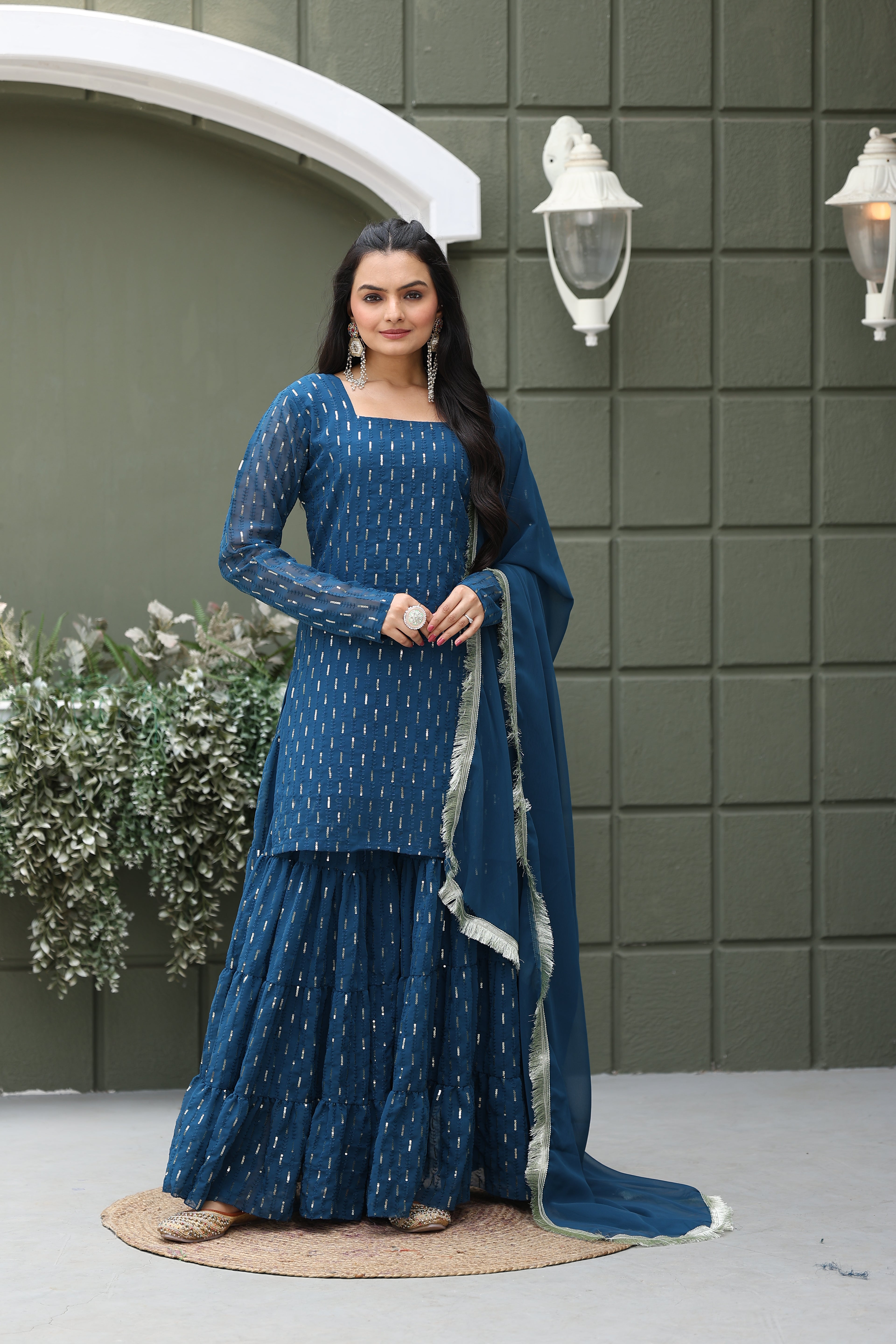Designer Teal Blue Georgette Sharara Suit for Women | Mirror Work Party Wear Kurta Set with Dupatta | Latest Ethnic Fashion 2025