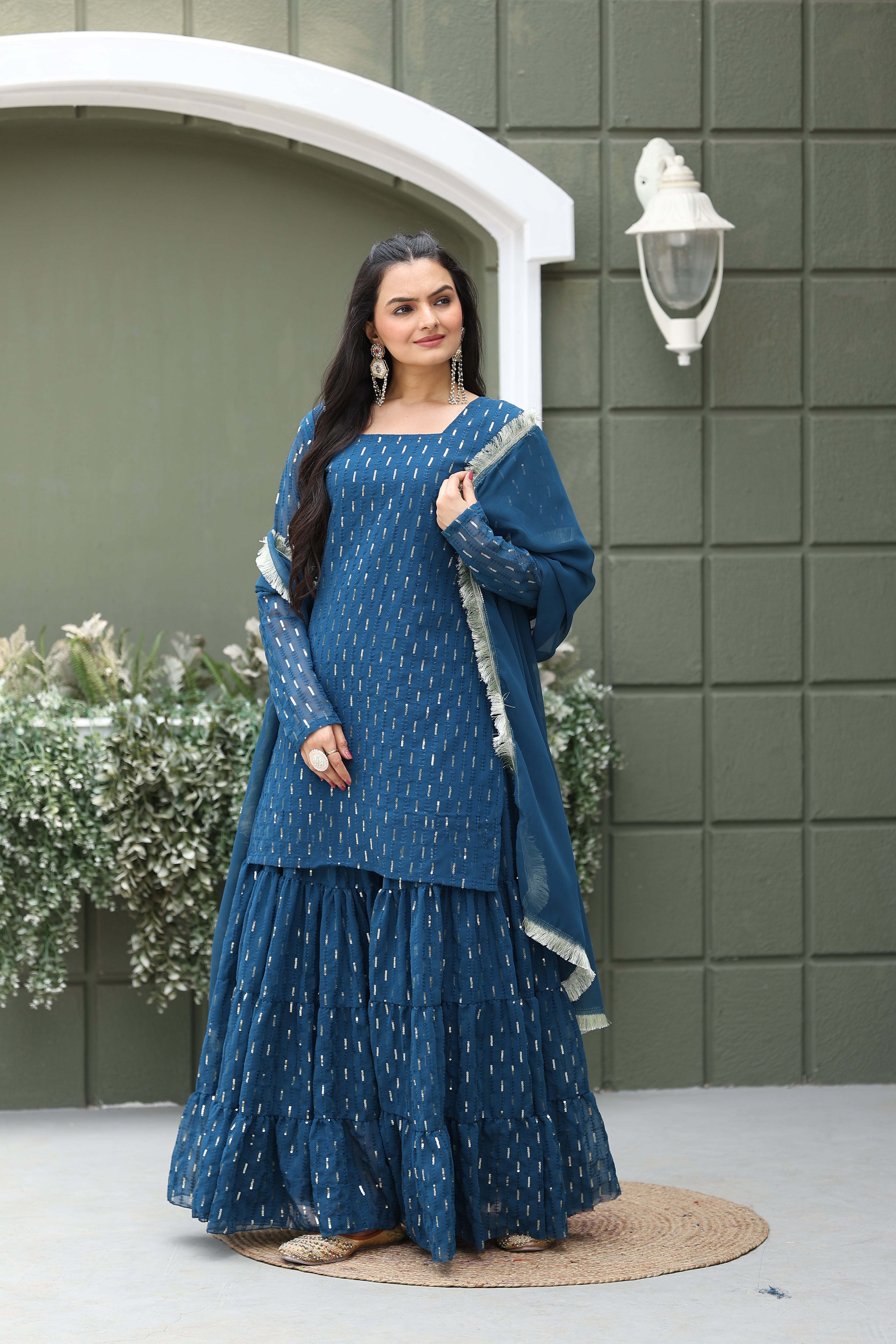 Designer Teal Blue Georgette Sharara Suit for Women | Mirror Work Party Wear Kurta Set with Dupatta | Latest Ethnic Fashion 2025