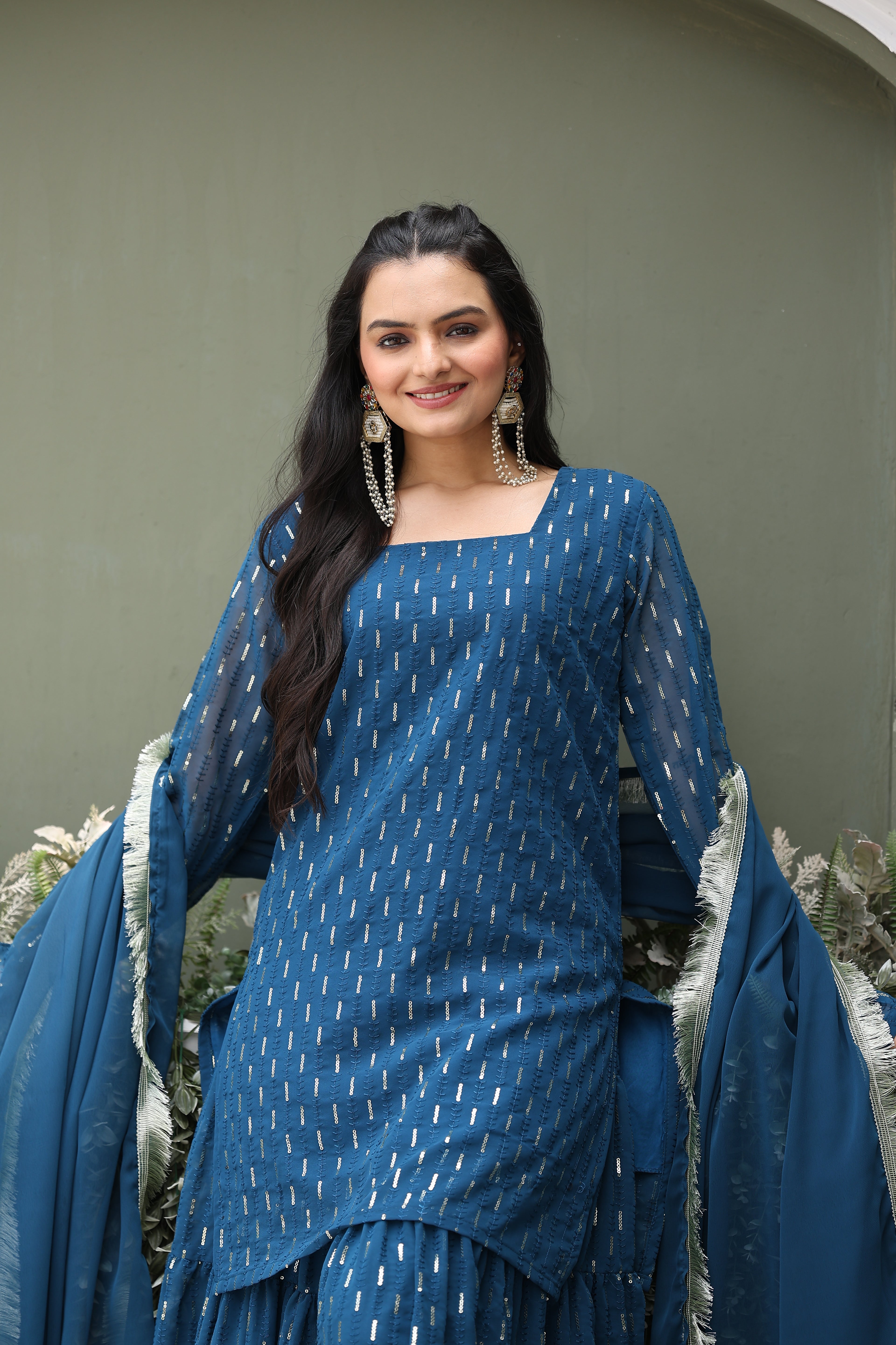 Designer Teal Blue Georgette Sharara Suit for Women | Mirror Work Party Wear Kurta Set with Dupatta | Latest Ethnic Fashion 2025