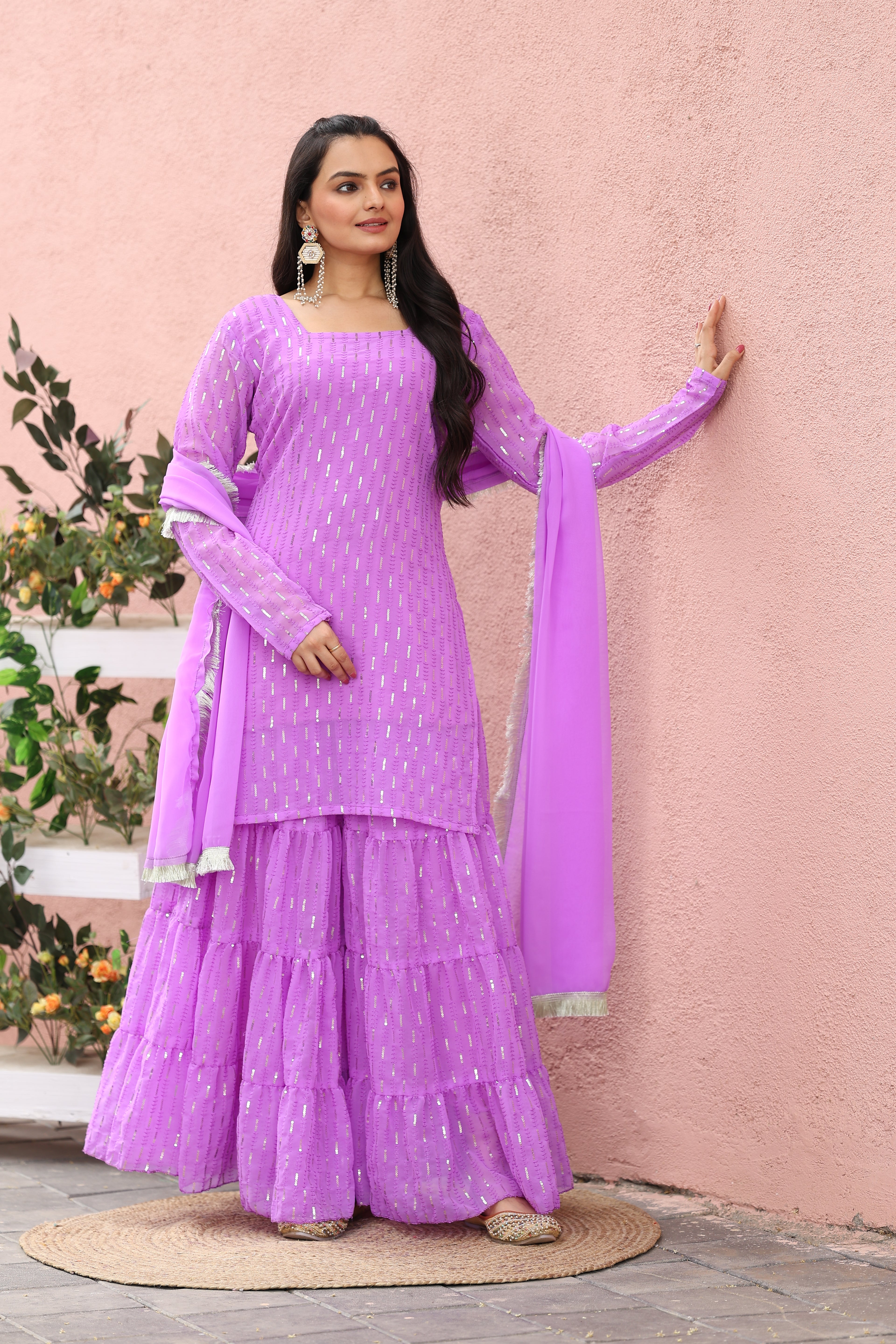 Lavender Mirror Work Sharara Set for Women | Designer Partywear Ethnic Outfit | Festive Wedding Special Sharara Suit