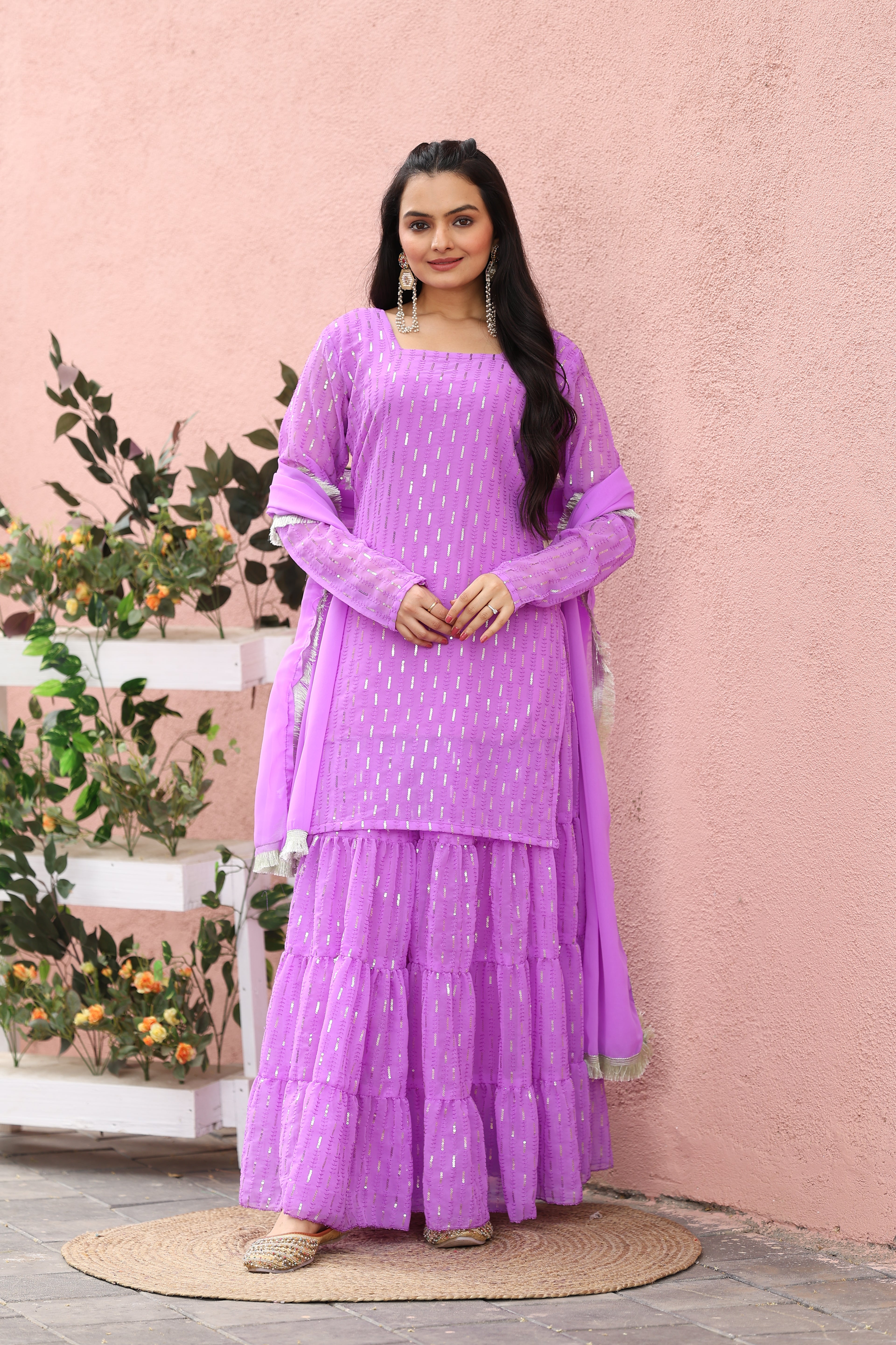 Lavender Mirror Work Sharara Set for Women | Designer Partywear Ethnic Outfit | Festive Wedding Special Sharara Suit
