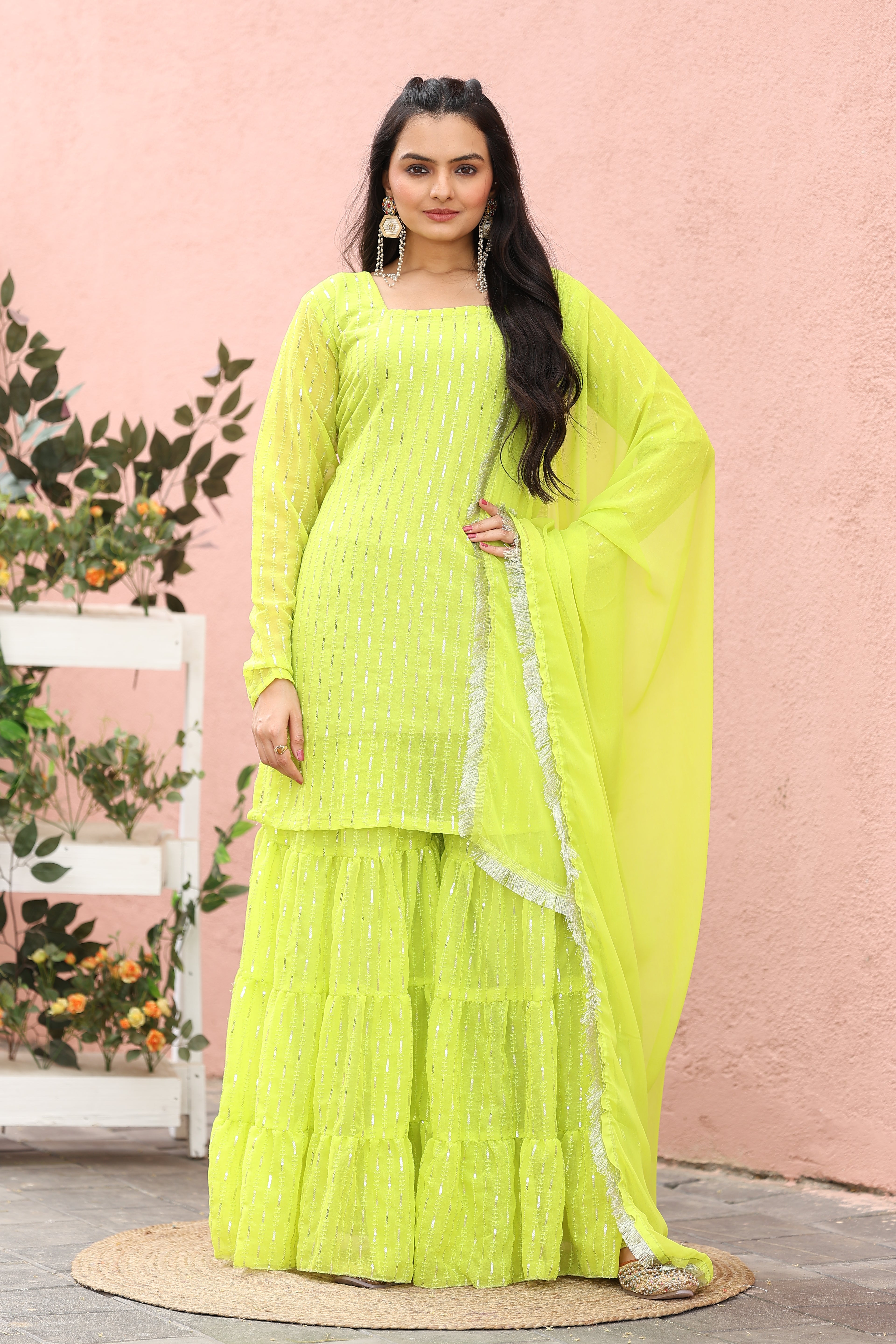 Neon Lime Sequin Sharara Suit Set For Women | Festive Designer Ethnic Wear 2025