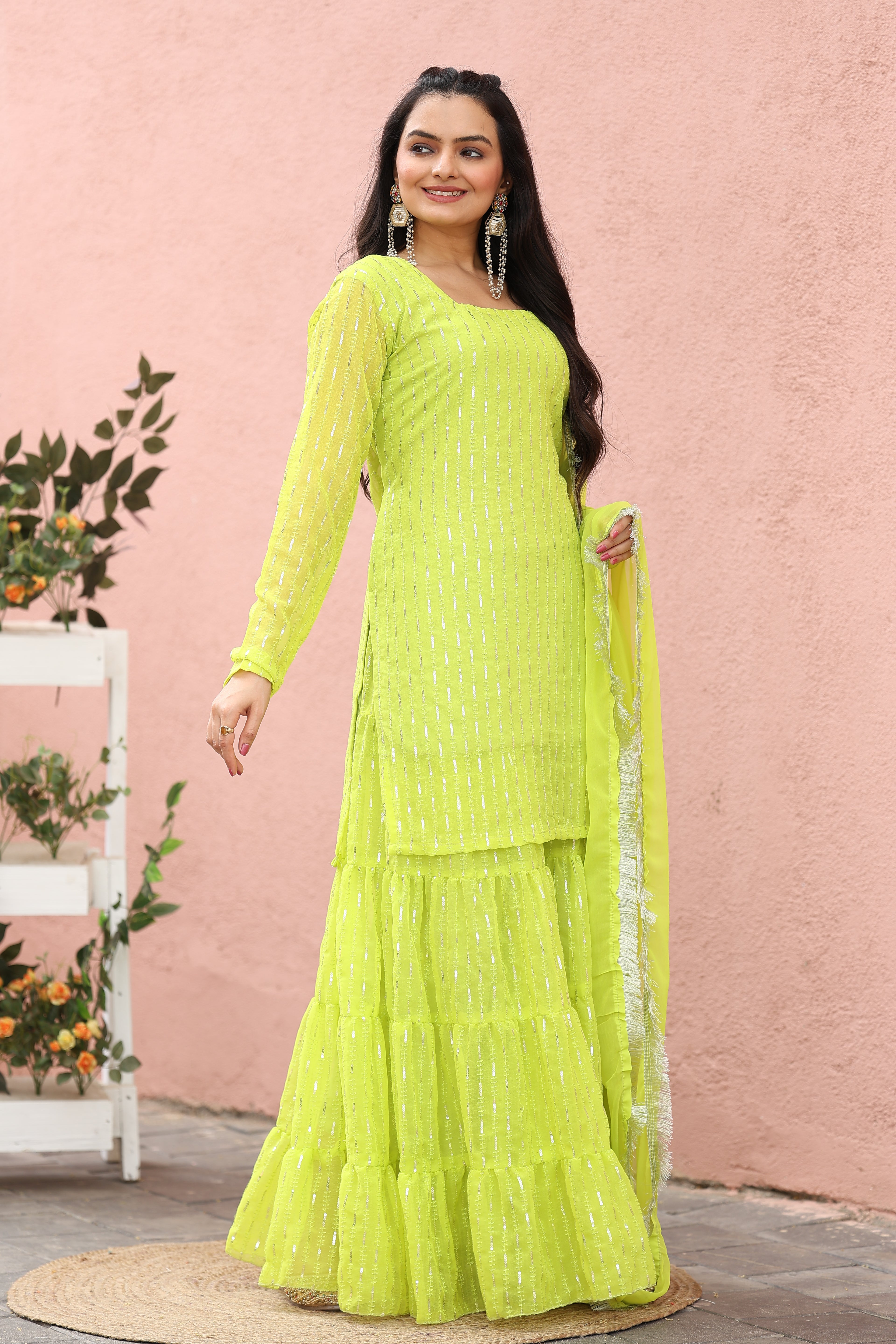 Neon Lime Sequin Sharara Suit Set For Women | Festive Designer Ethnic Wear 2025