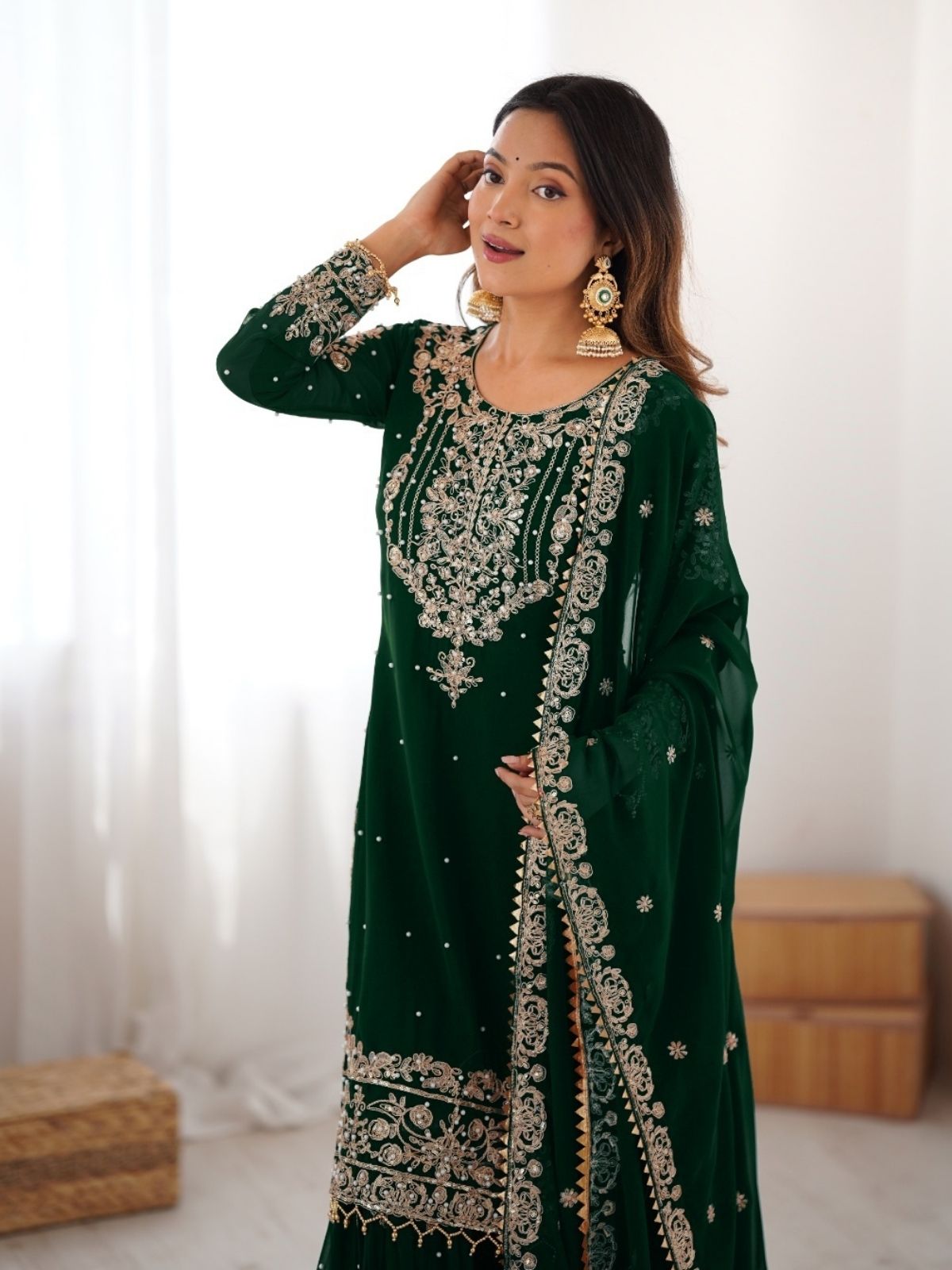 Women’s Emerald Green Heavy Embroidered Sharara Suit Set | Luxury Wedding Partywear | Designer Festive Ethnic Outfit with Dupatta