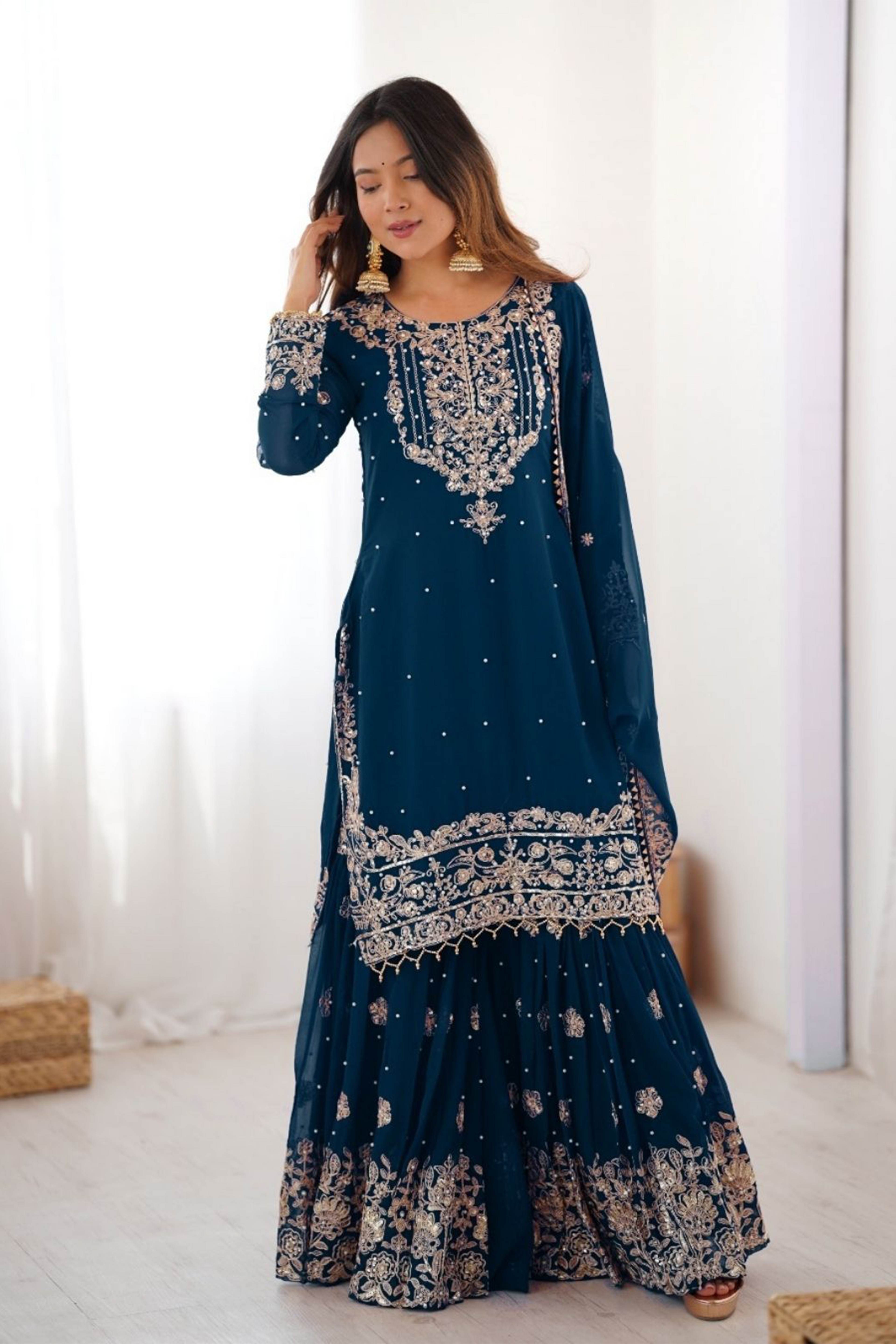Women’s Navy Teal Heavy Embroidered Sharara Suit Set | Luxury Festive & Wedding Partywear | Designer Ethnic Outfit with Dupatta