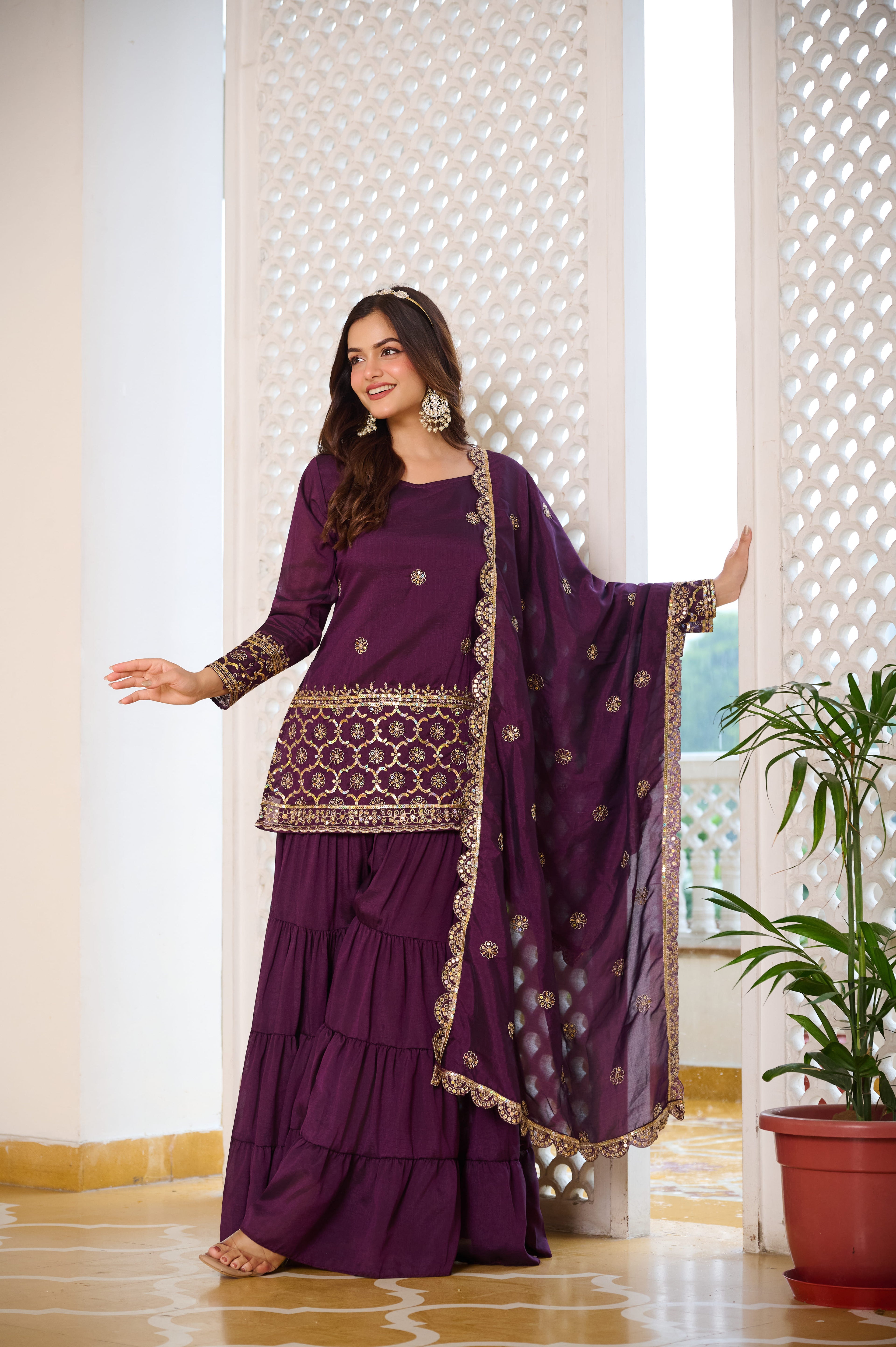 Luxury Purple Embroidered Sharara Suit for Women | Designer Party Wear & Festive Salwar Suit with Dupatta | Heavy Gota & Zari Work