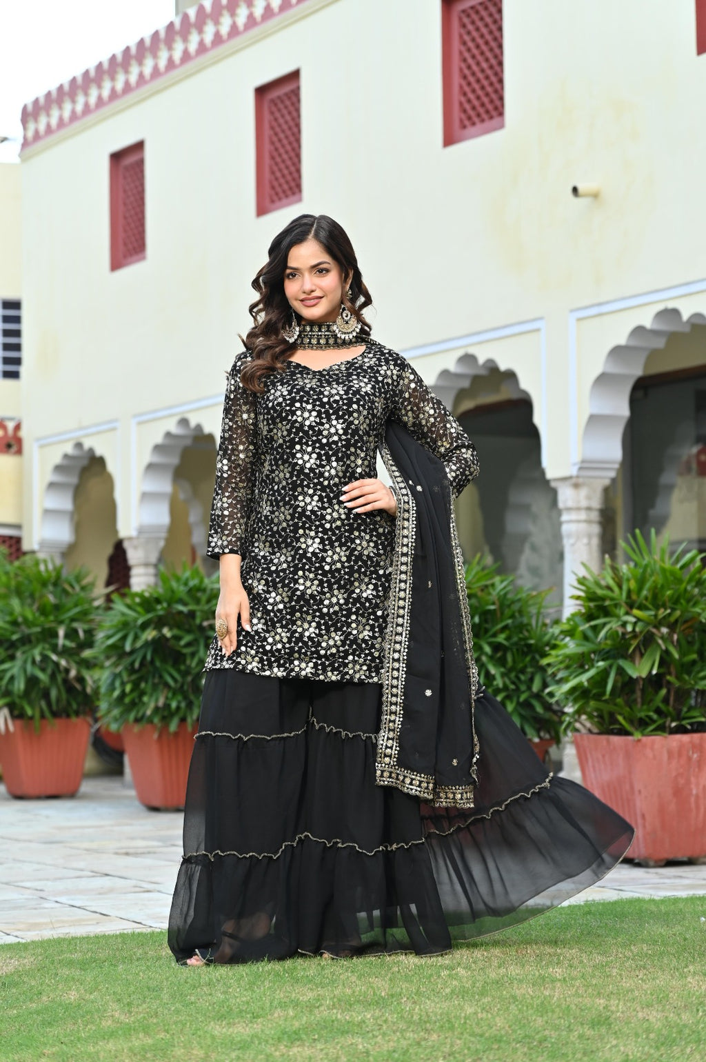 Women’s Black Mirror-Work Sharara Suit Set | Premium Partywear Ethnic Outfit | Designer Festive & Wedding Wear with Dupatta