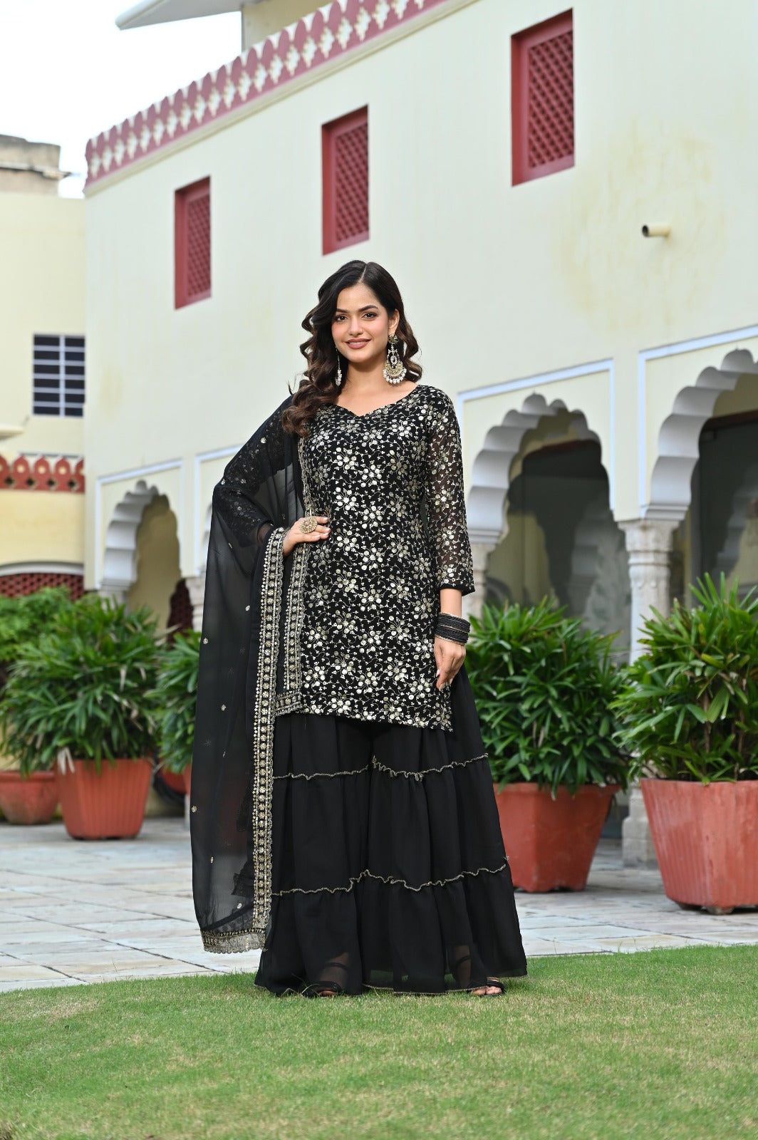 Women’s Black Mirror-Work Sharara Suit Set | Premium Partywear Ethnic Outfit | Designer Festive & Wedding Wear with Dupatta