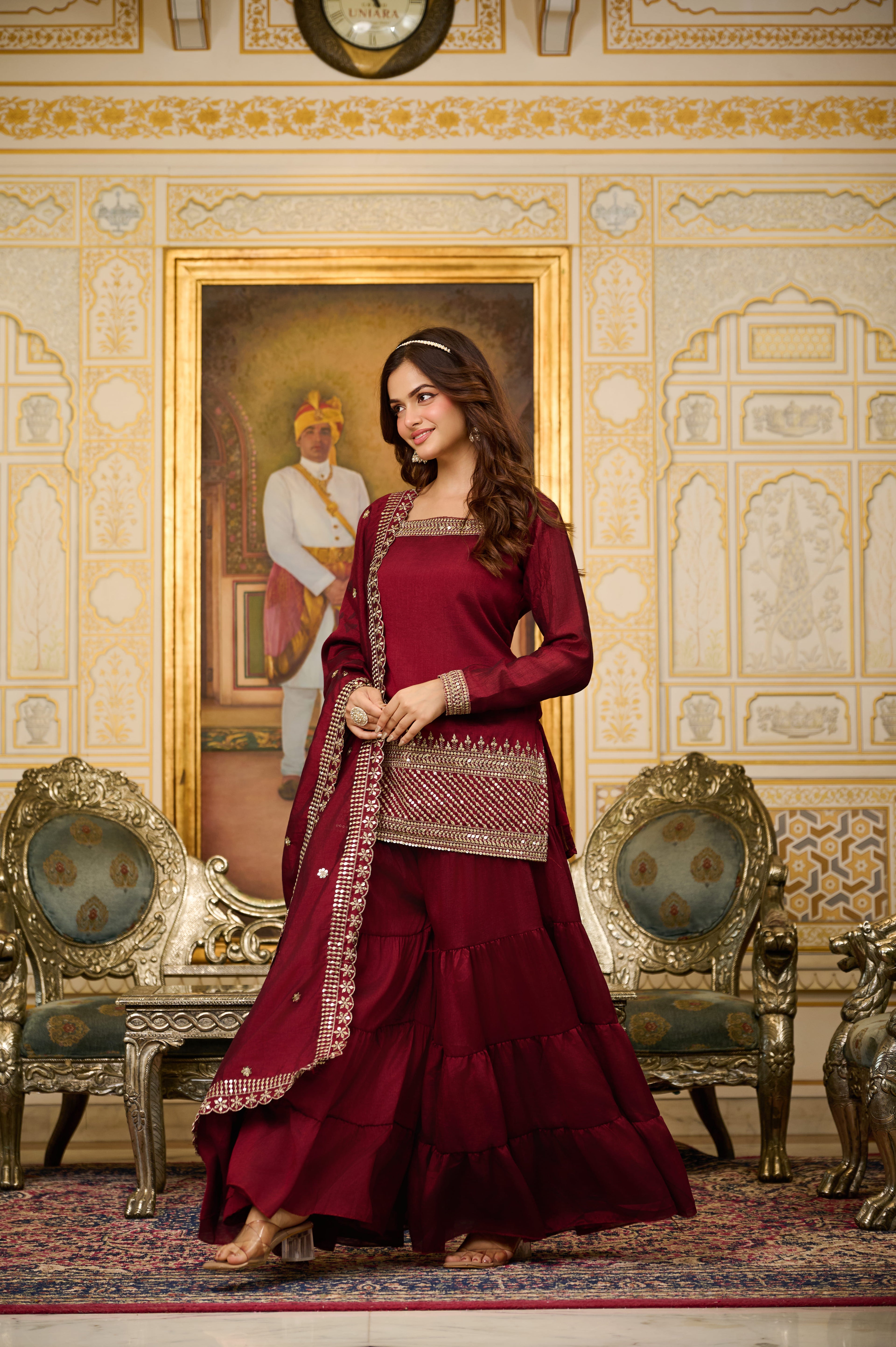 Premium Maroon Embroidered Sharara Suit for Women | Royal Party Wear & Wedding Festive Salwar Suit with Heavy Dupatta | Zari & Gota Work