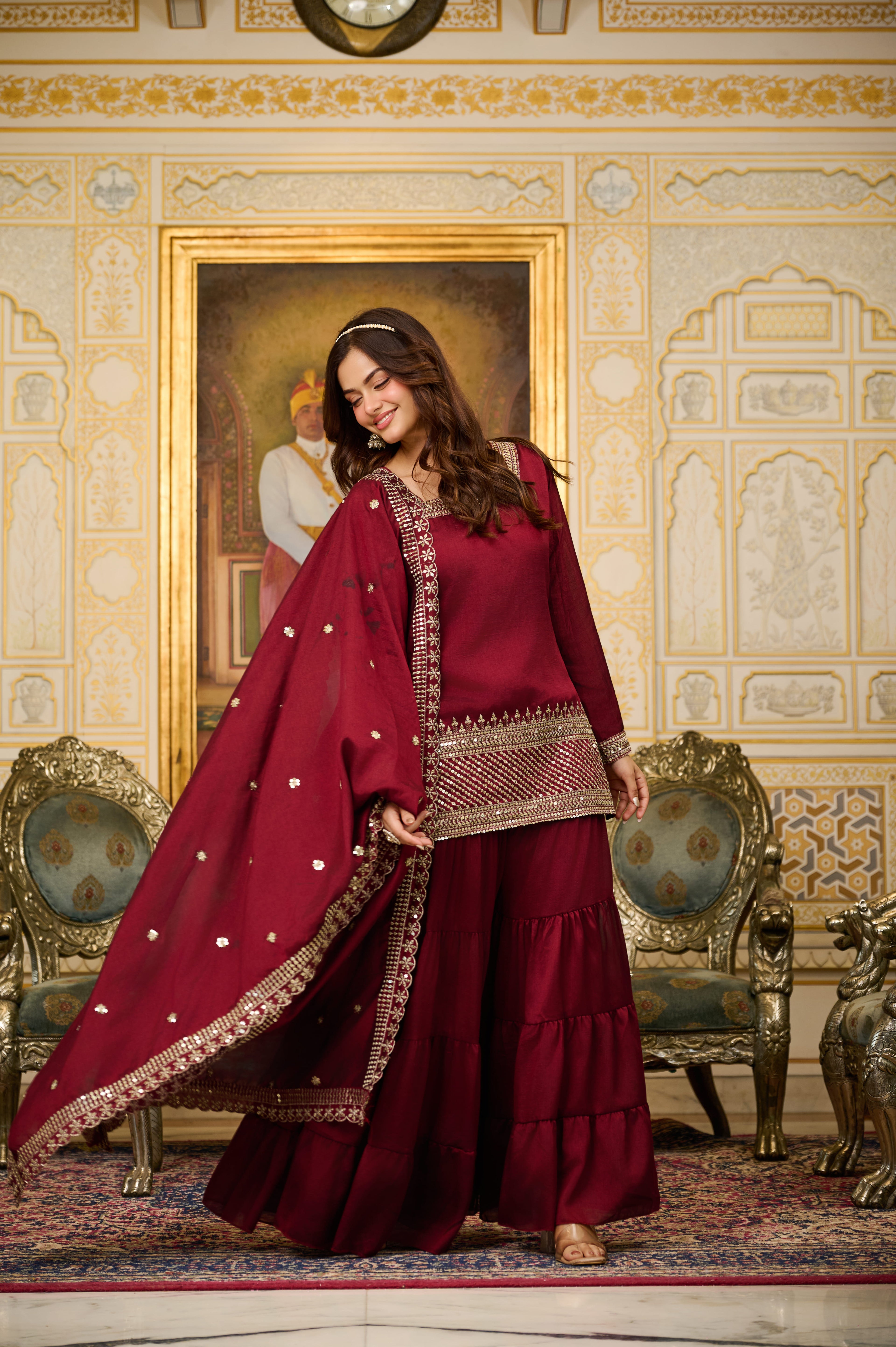 Premium Maroon Embroidered Sharara Suit for Women | Royal Party Wear & Wedding Festive Salwar Suit with Heavy Dupatta | Zari & Gota Work