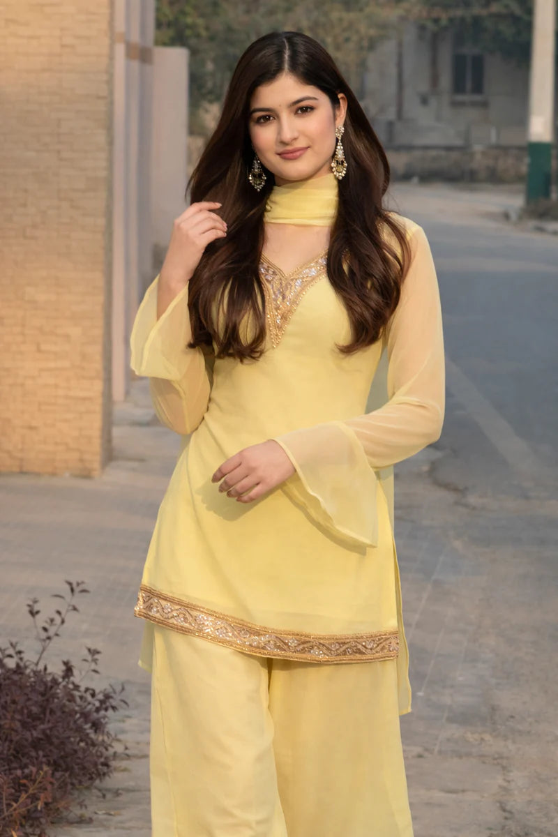 Georgette Kurta Set with Palazzo & Dupatta