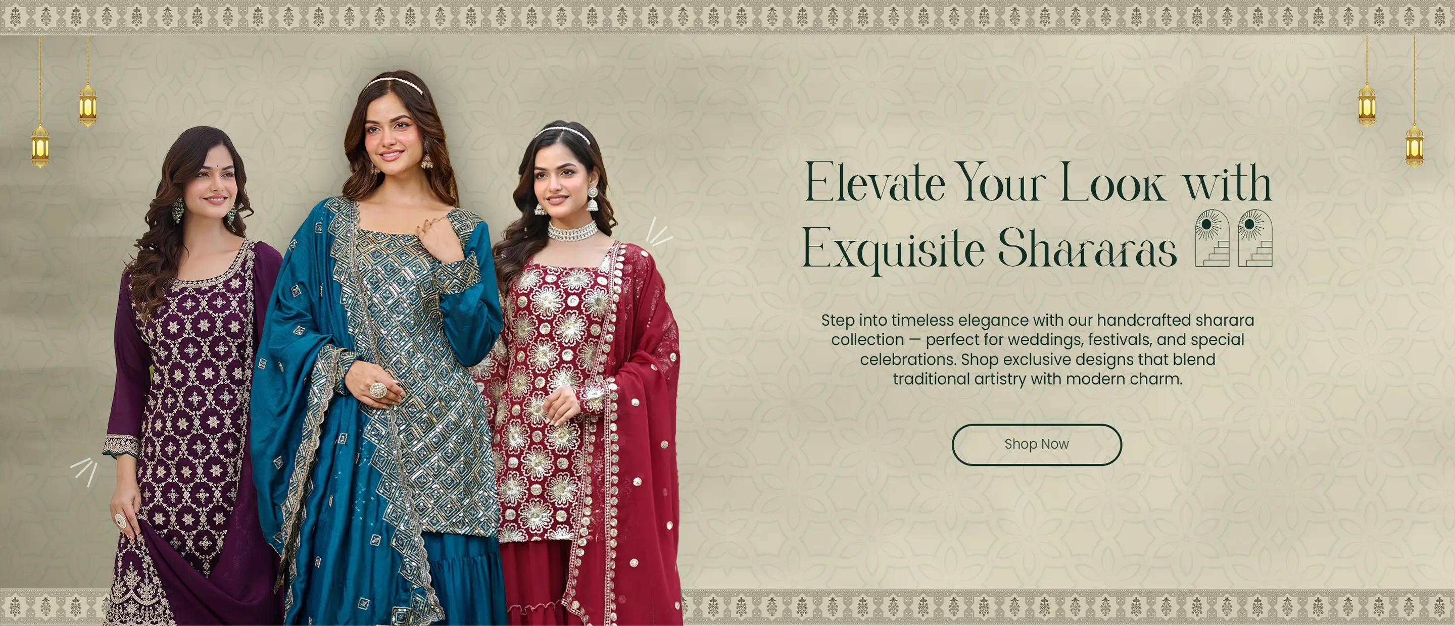 Three women wearing traditional shararas with promotional text on a beige background