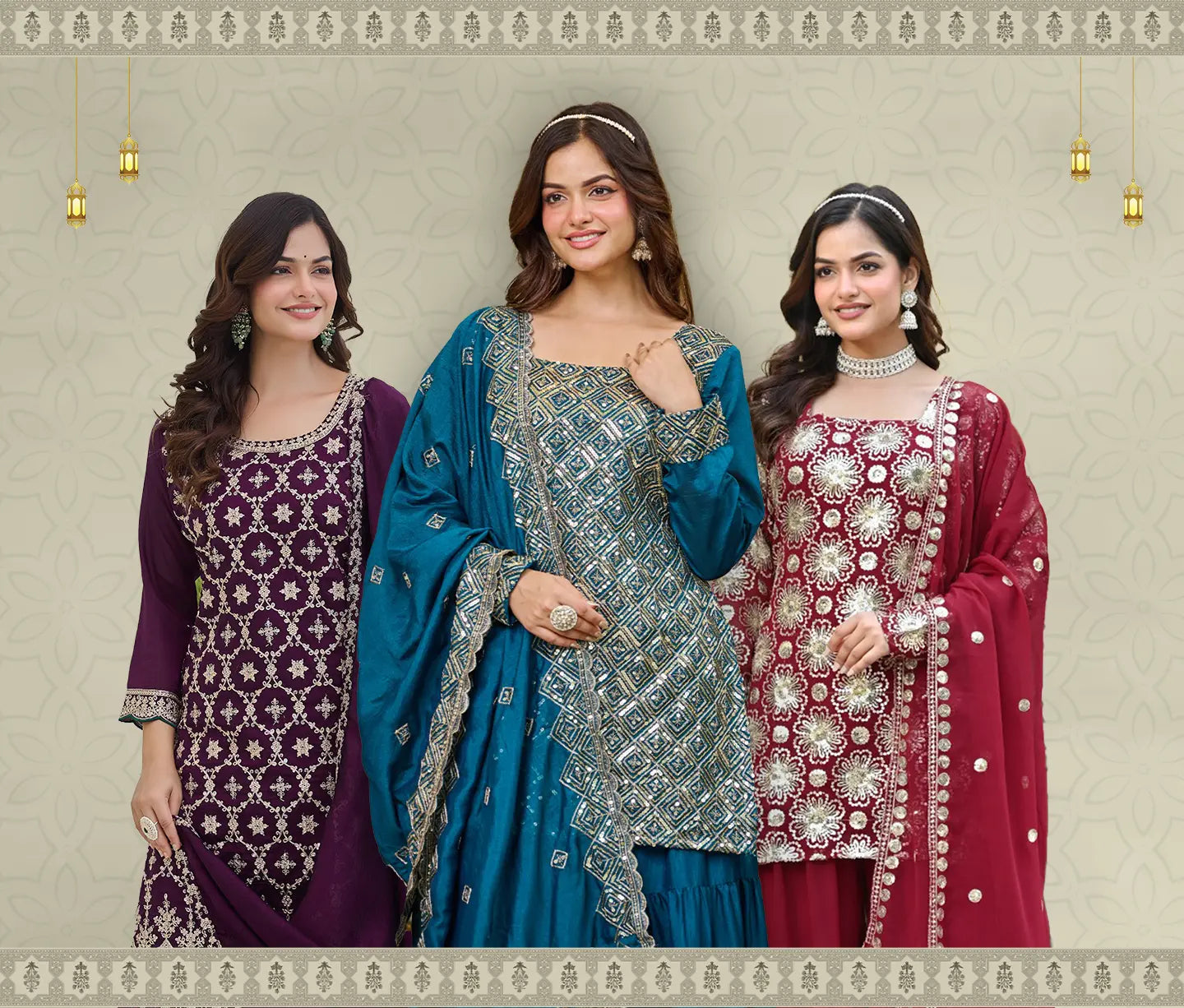 Three women in traditional embroidered dresses standing together against a neutral background.